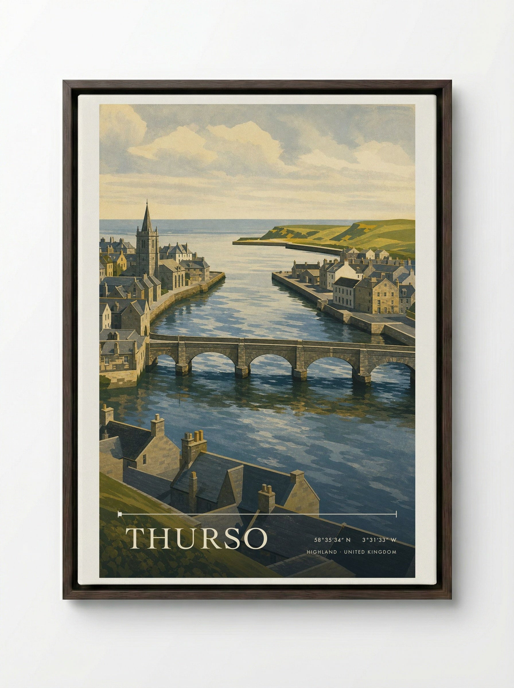 Thurso Highland United Kingdom Travel Poster - Framed Canvas Dark Wood