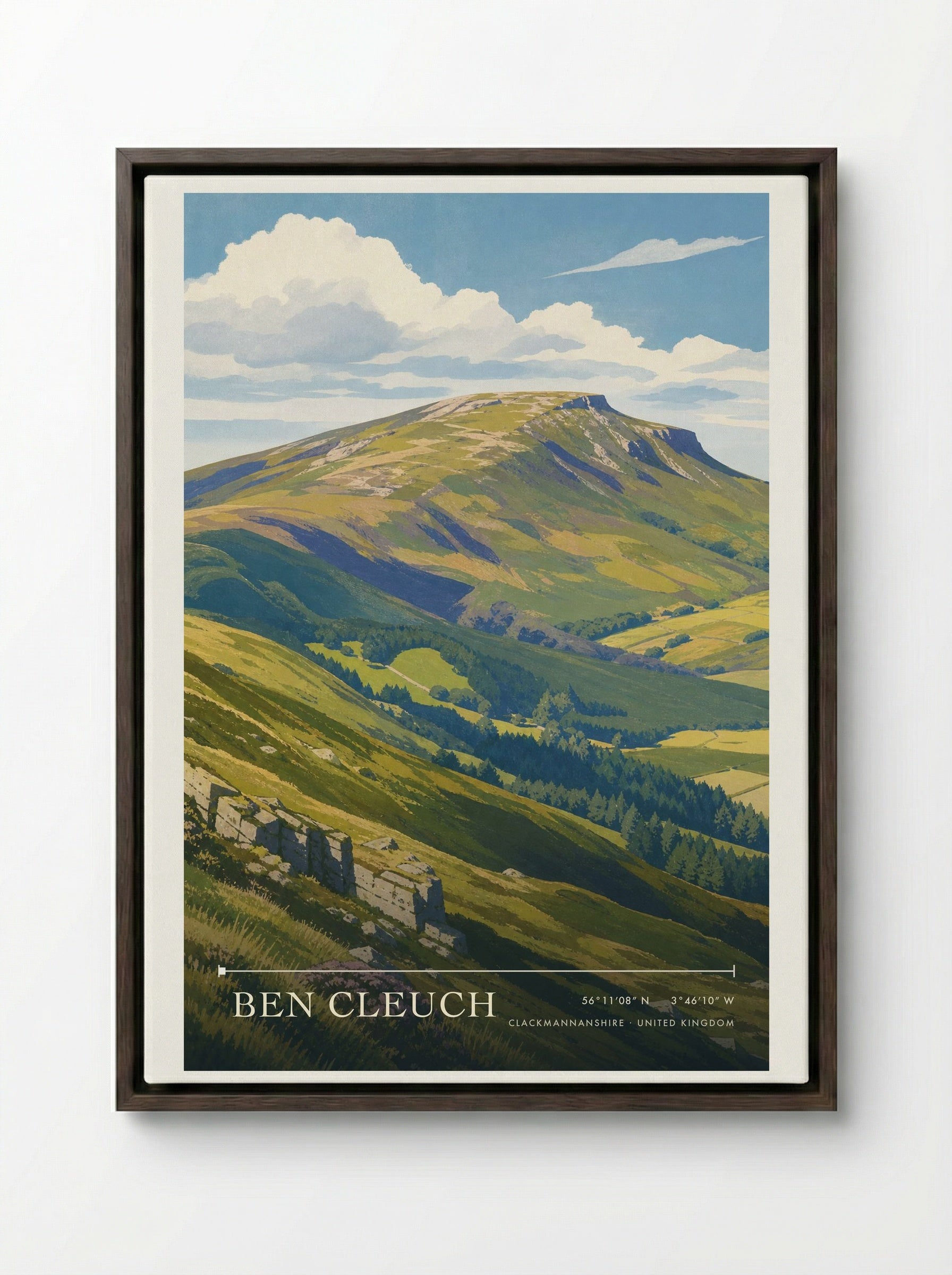 Ben Cleuch Clackmannanshire United Kingdom Travel Poster - Framed Canvas Dark Wood