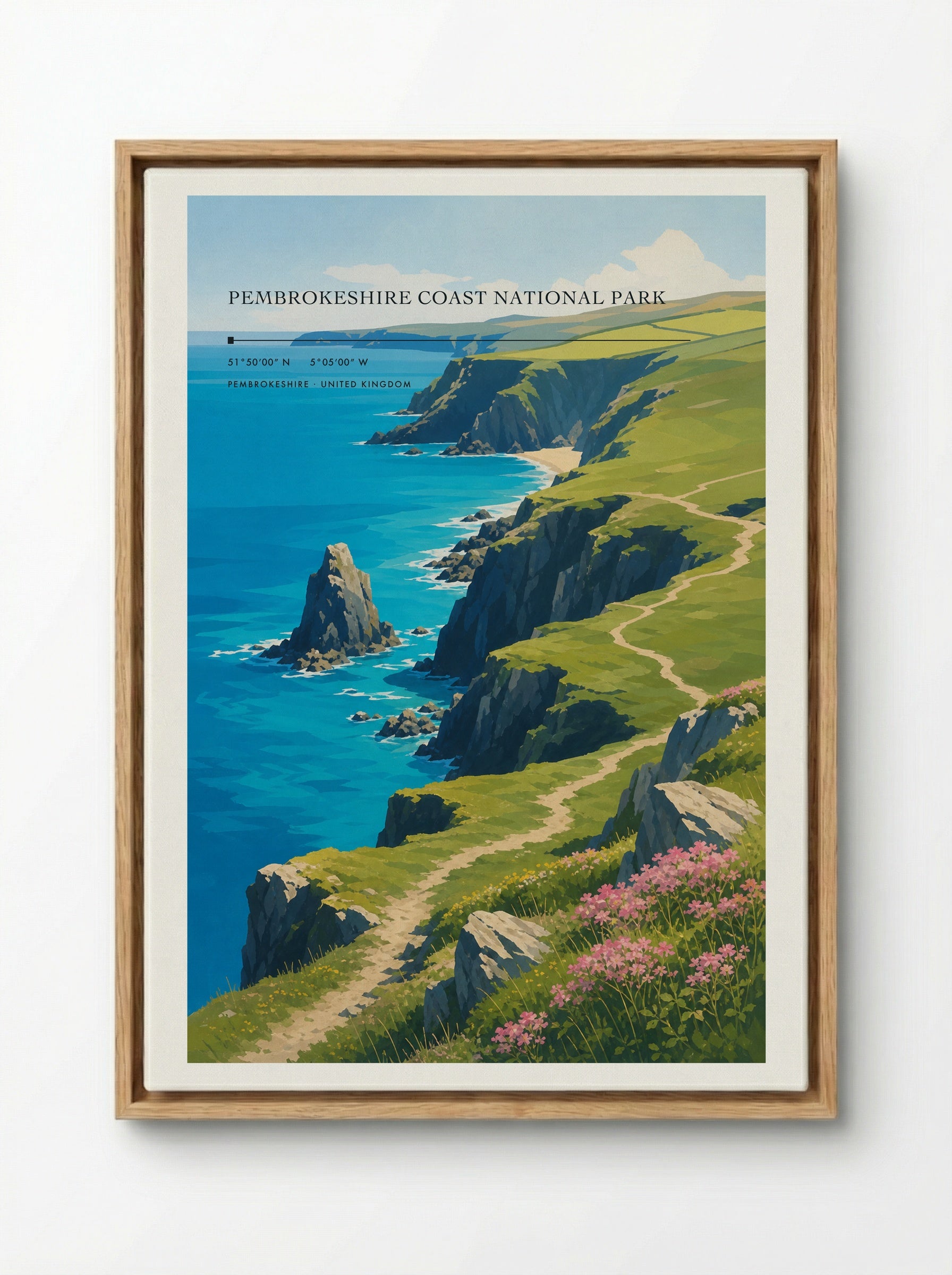 Pembrokeshire Coast National Park United Kingdom Travel Poster - Framed Canvas Wood