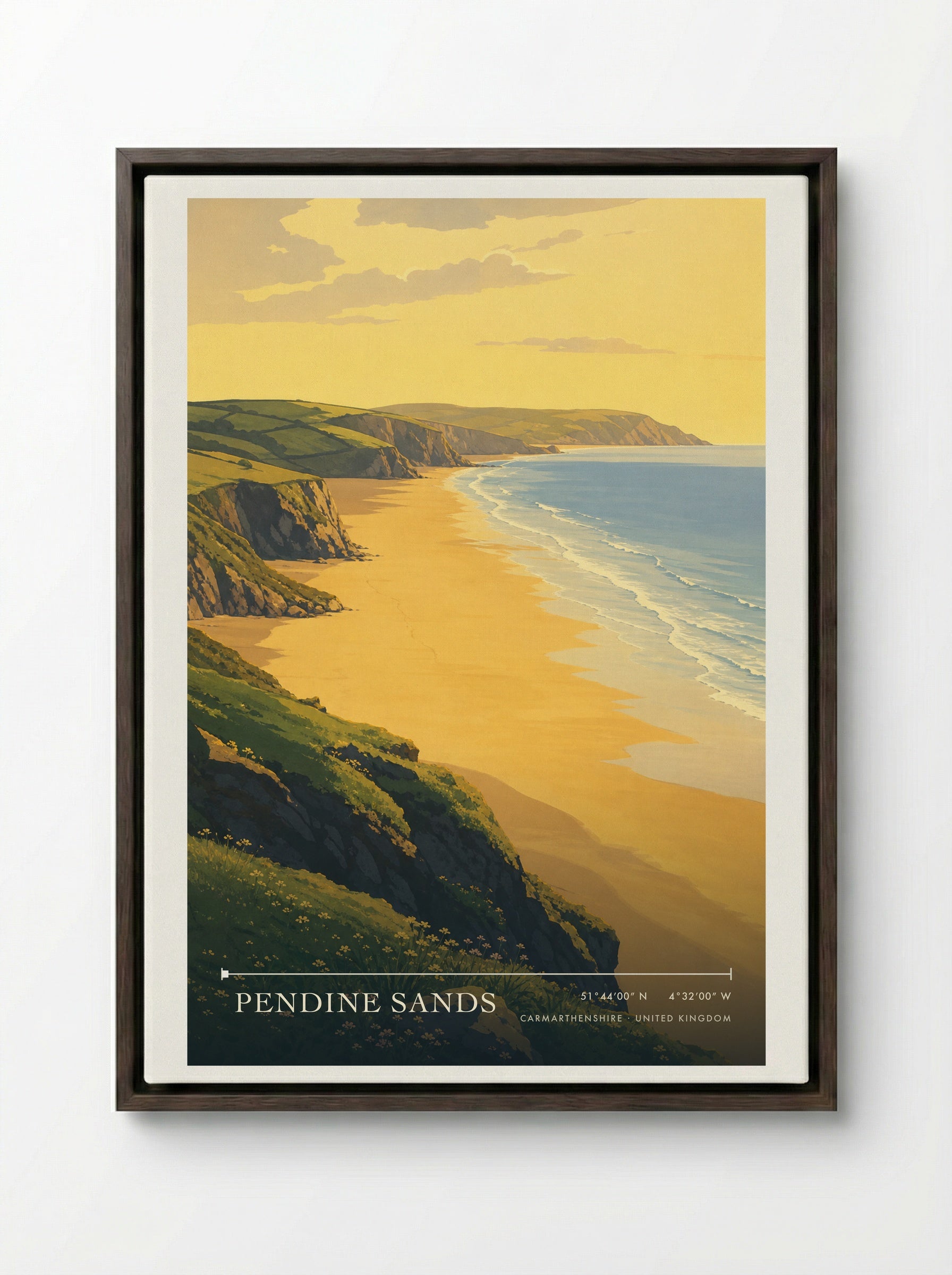 Pendine Sands Carmarthenshire United Kingdom Travel Poster - Framed Canvas Dark Wood
