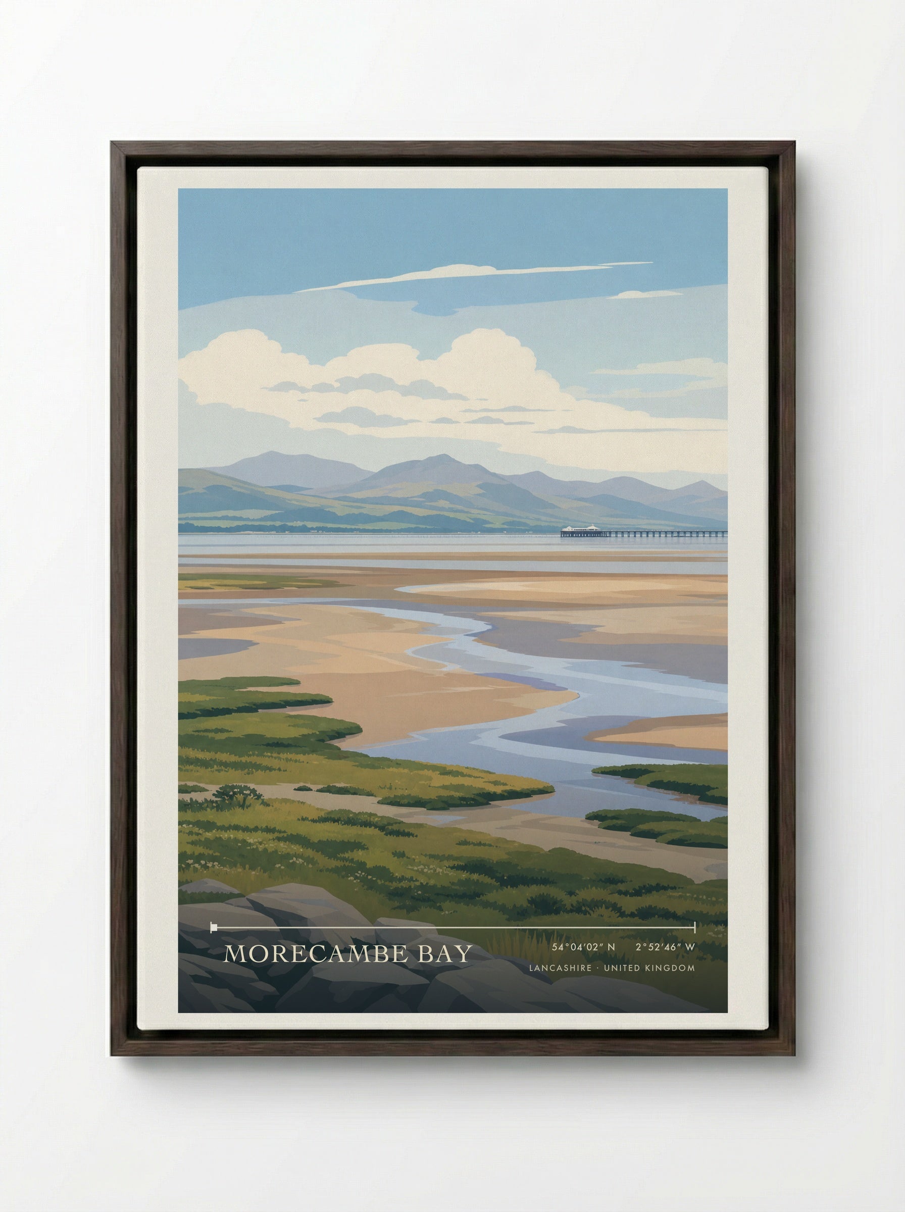 Morecambe Bay Lancashire United Kingdom Travel Poster - Framed Canvas Dark Wood