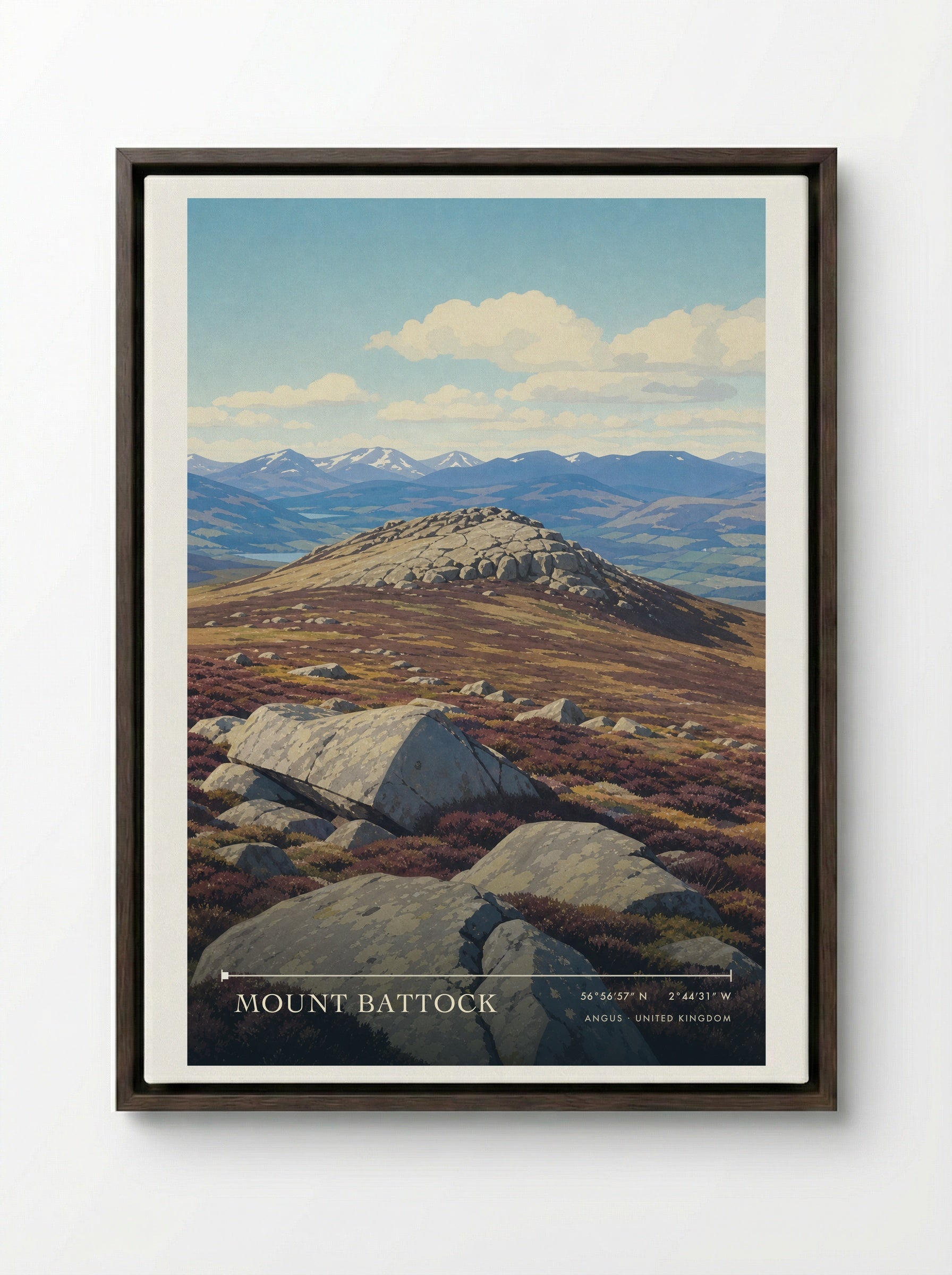 Mount Battock Angus United Kingdom Travel Poster - Framed Canvas Dark Wood