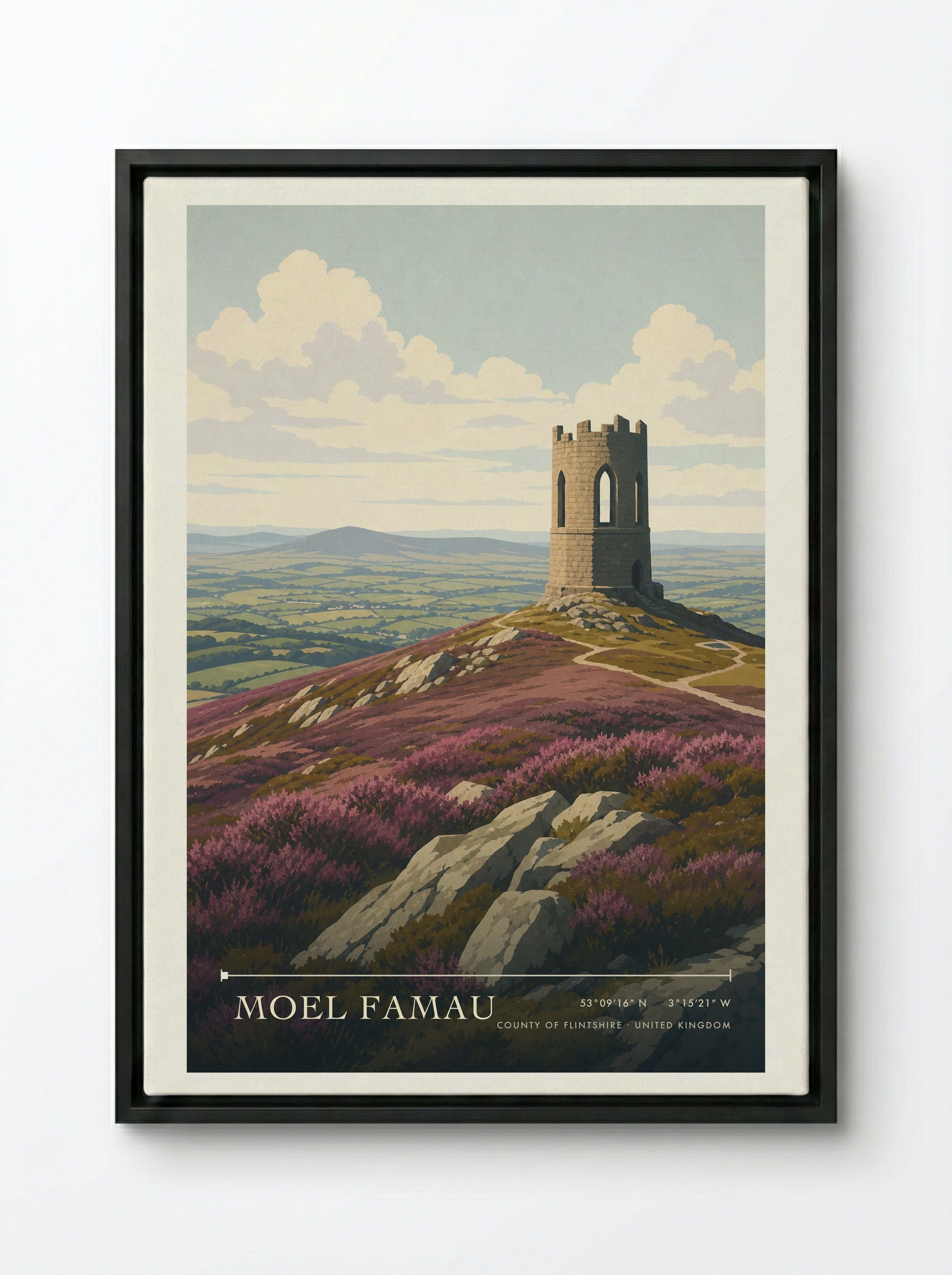 Moel Famau County of Flintshire United Kingdom Travel Poster - Framed Canvas Black