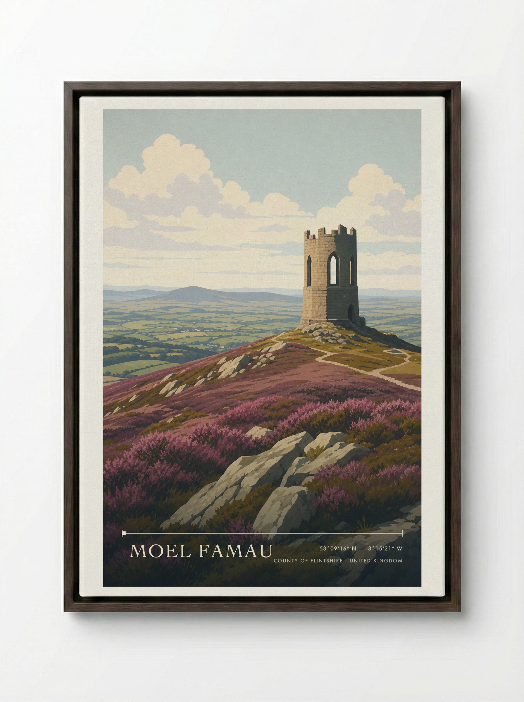 Moel Famau County of Flintshire United Kingdom Travel Poster - Framed Canvas Dark Wood