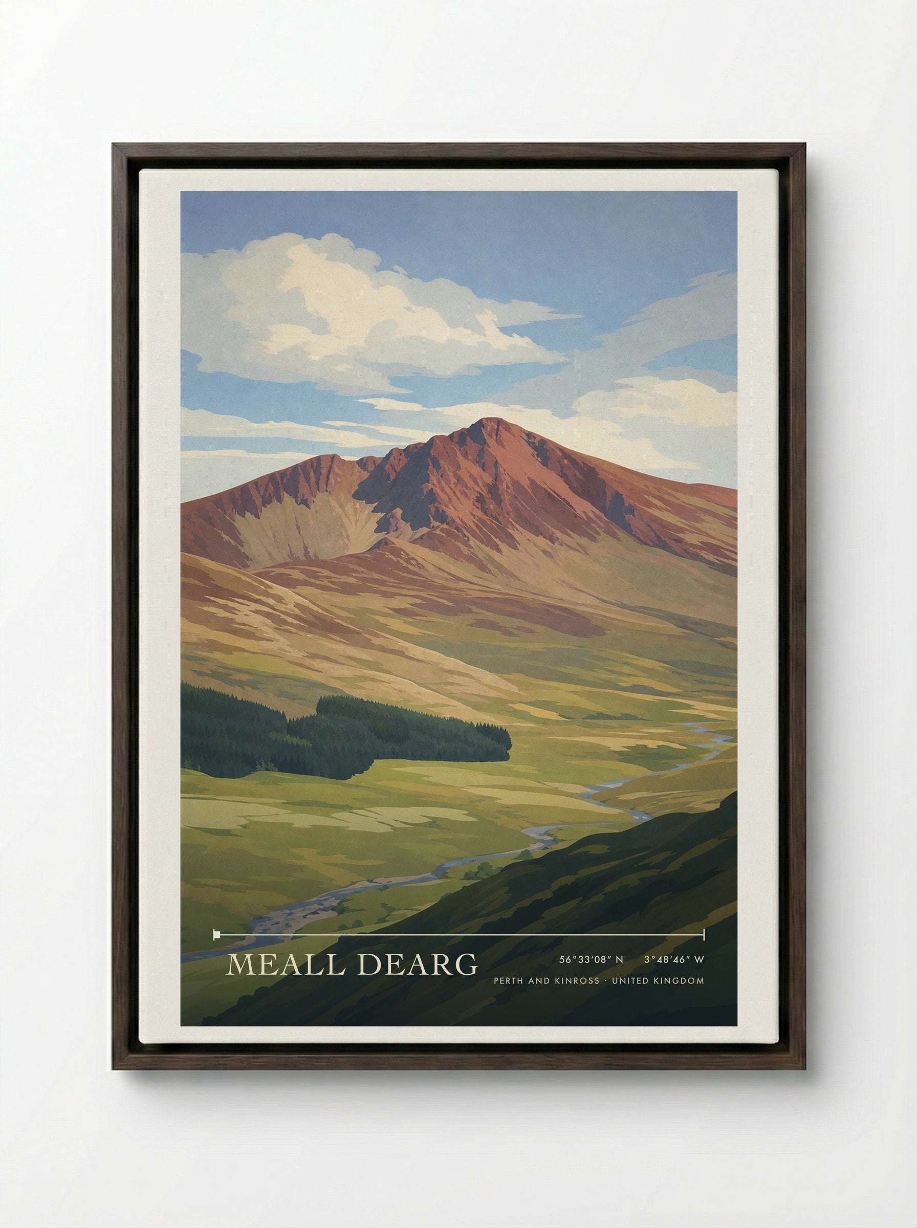 Meall Dearg Perth and Kinross United Kingdom Travel Poster - Framed Canvas Dark Wood