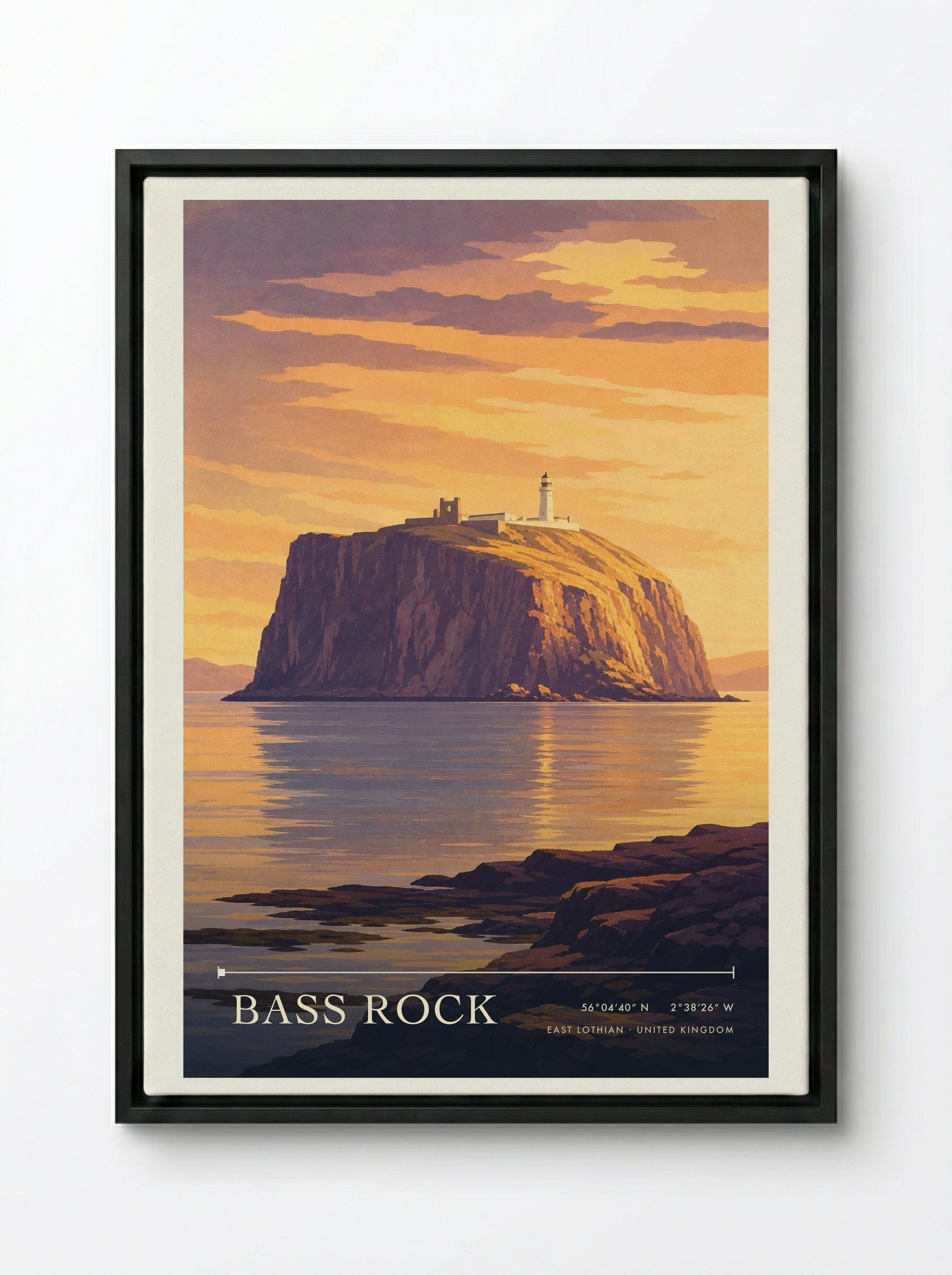 Bass Rock East Lothian United Kingdom Travel Poster - Framed Canvas Black