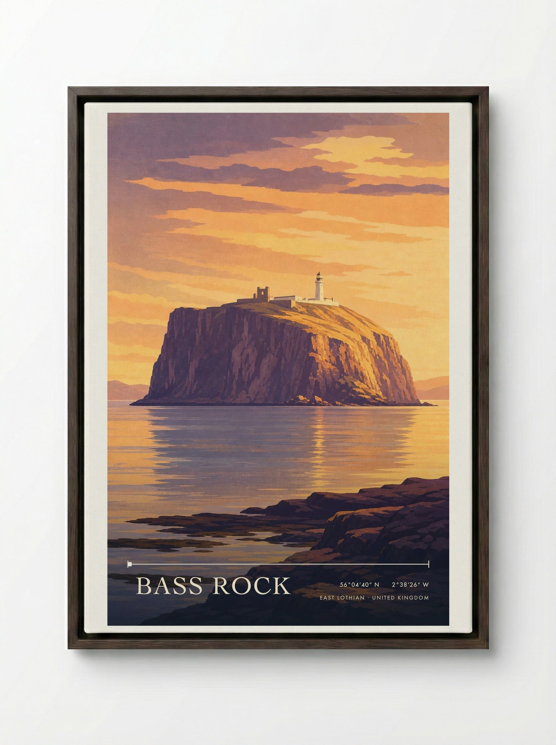 Bass Rock East Lothian United Kingdom Travel Poster - Framed Canvas Dark Wood