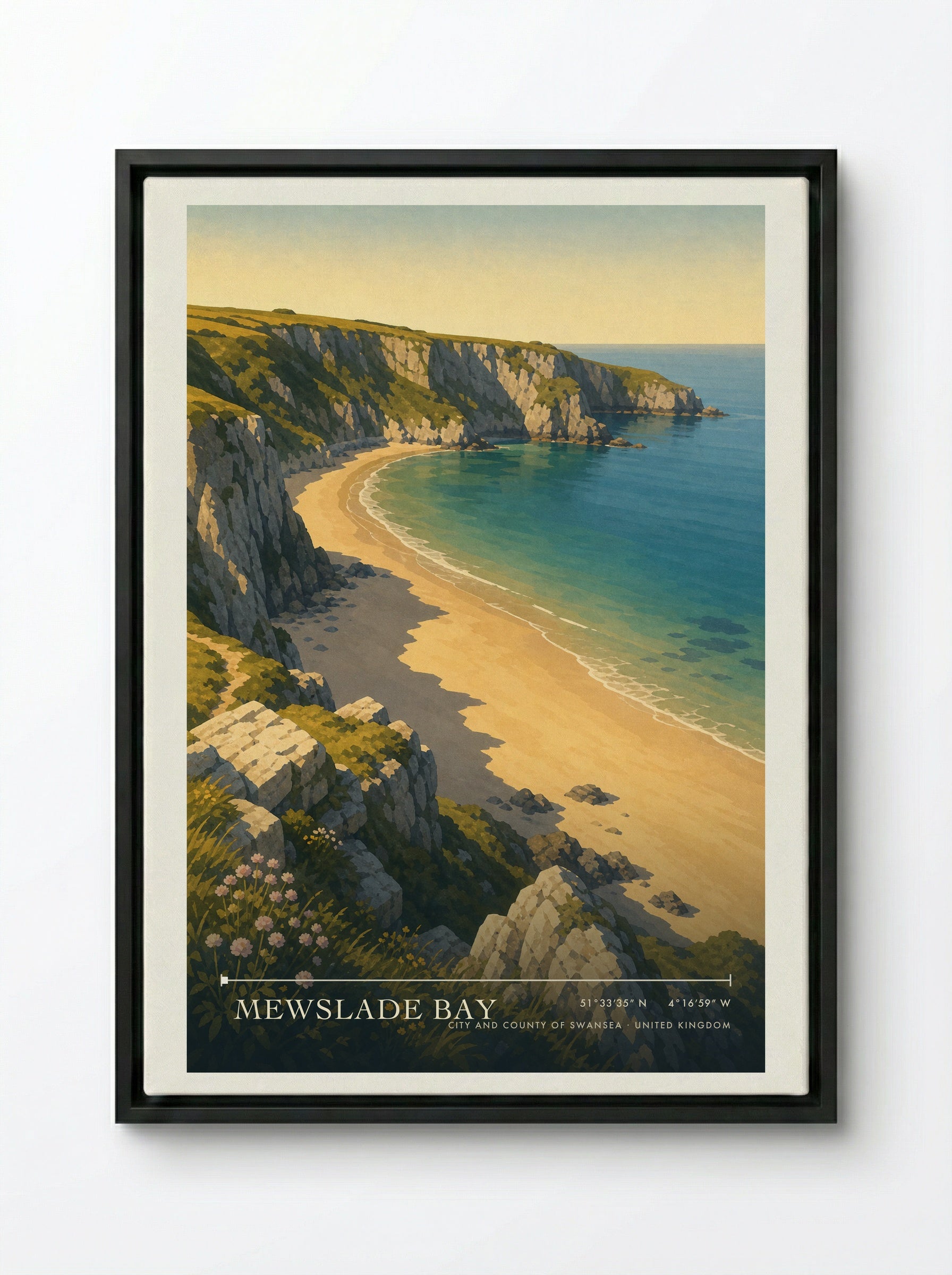 Mewslade Bay City and County of Swansea United Kingdom Travel Poster - Framed Canvas Black