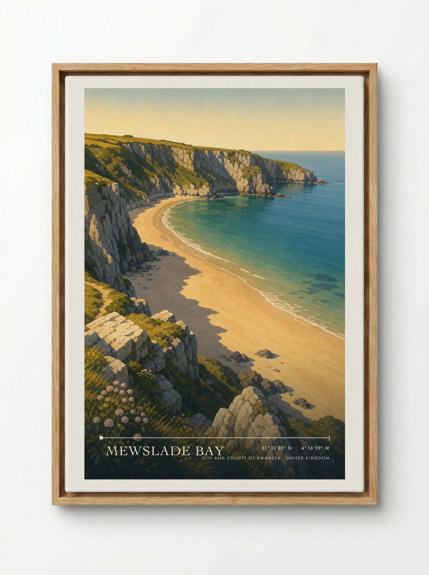 Mewslade Bay City and County of Swansea United Kingdom Travel Poster - Framed Canvas Wood
