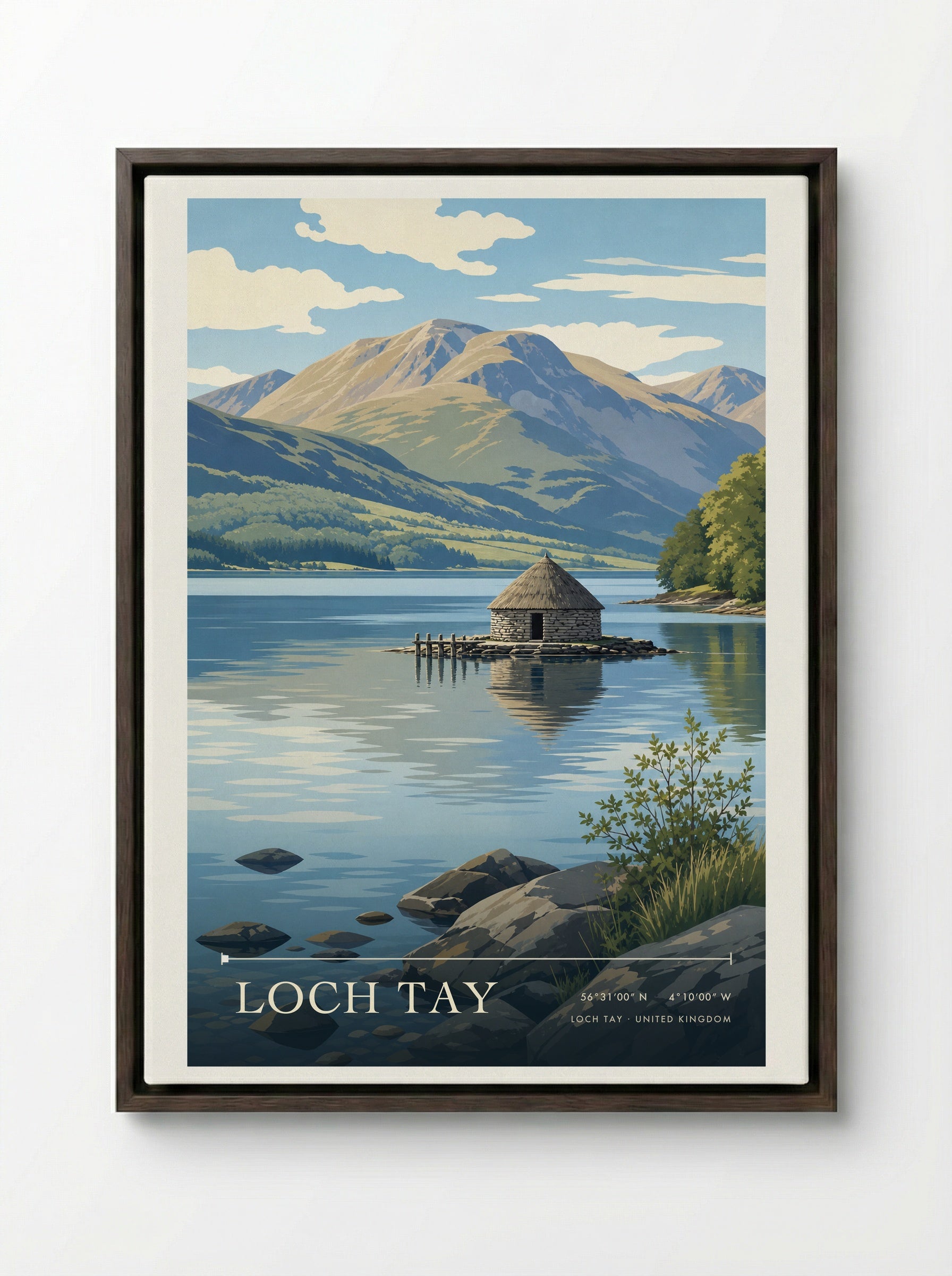 Loch Tay United Kingdom Travel Poster - Framed Canvas Dark Wood