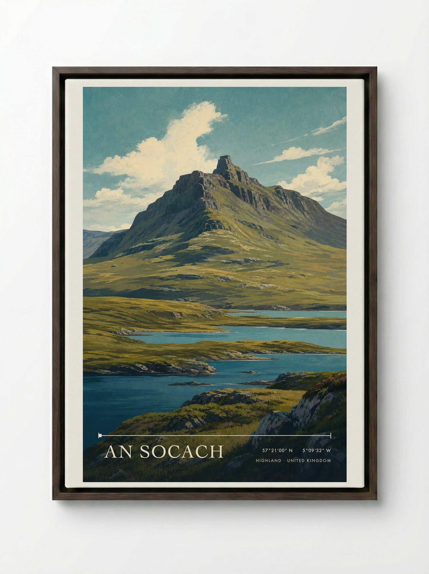 An Socach Highland United Kingdom Travel Poster - Framed Canvas Dark Wood