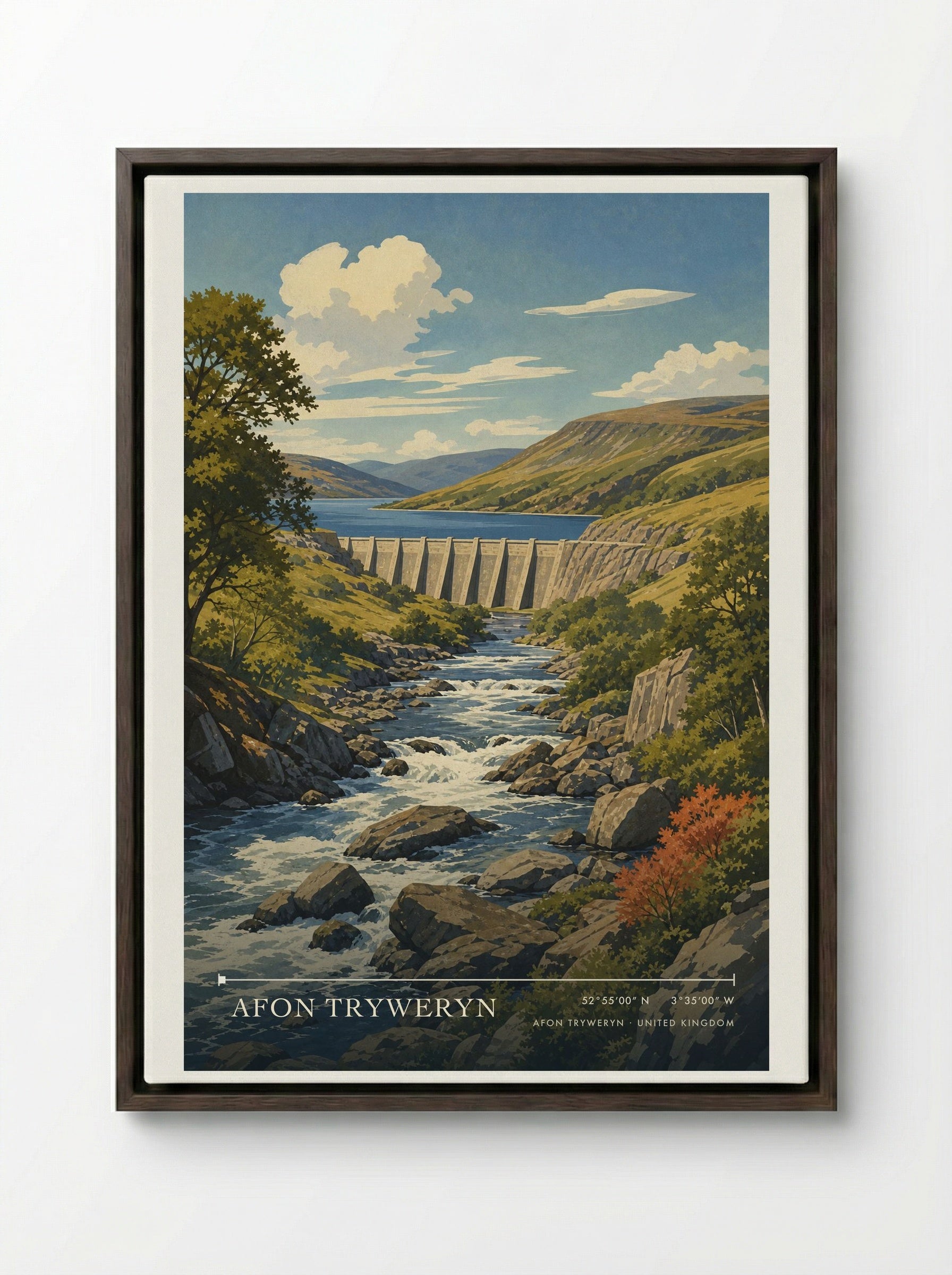 Afon Tryweryn United Kingdom Travel Poster - Framed Canvas Dark Wood