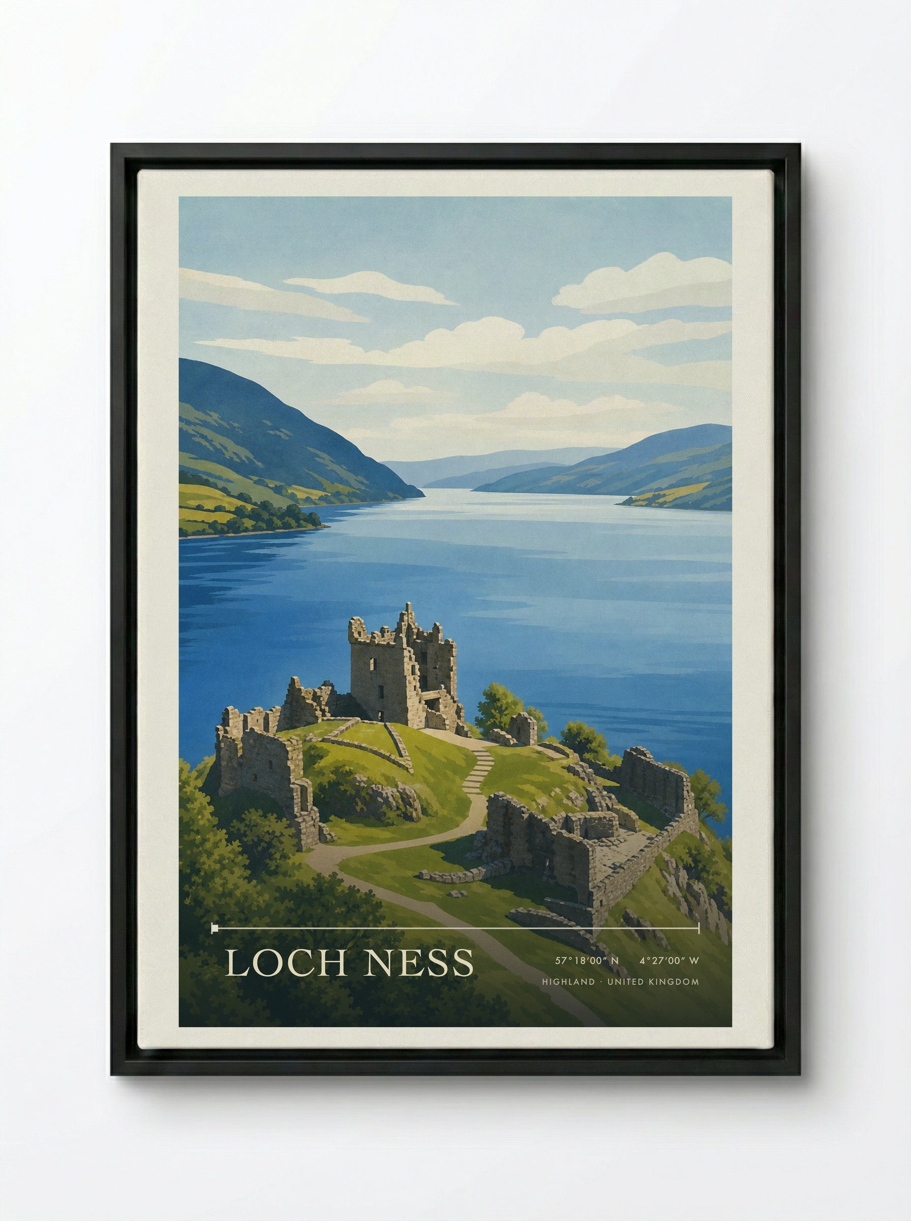 Loch Ness Highland United Kingdom Travel Poster - Framed Canvas Black