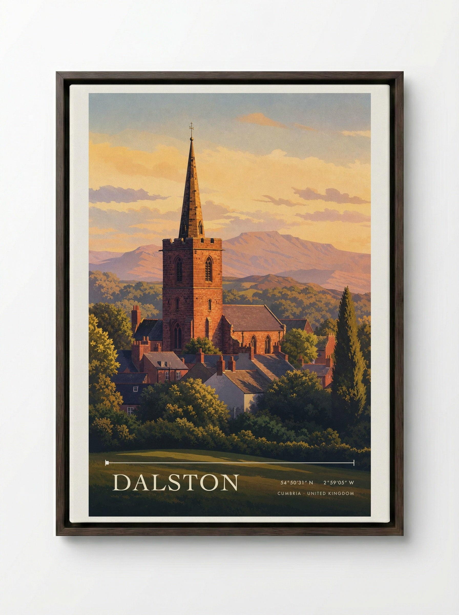 Dalston Cumbria United Kingdom Travel Poster - Framed Canvas Dark Wood