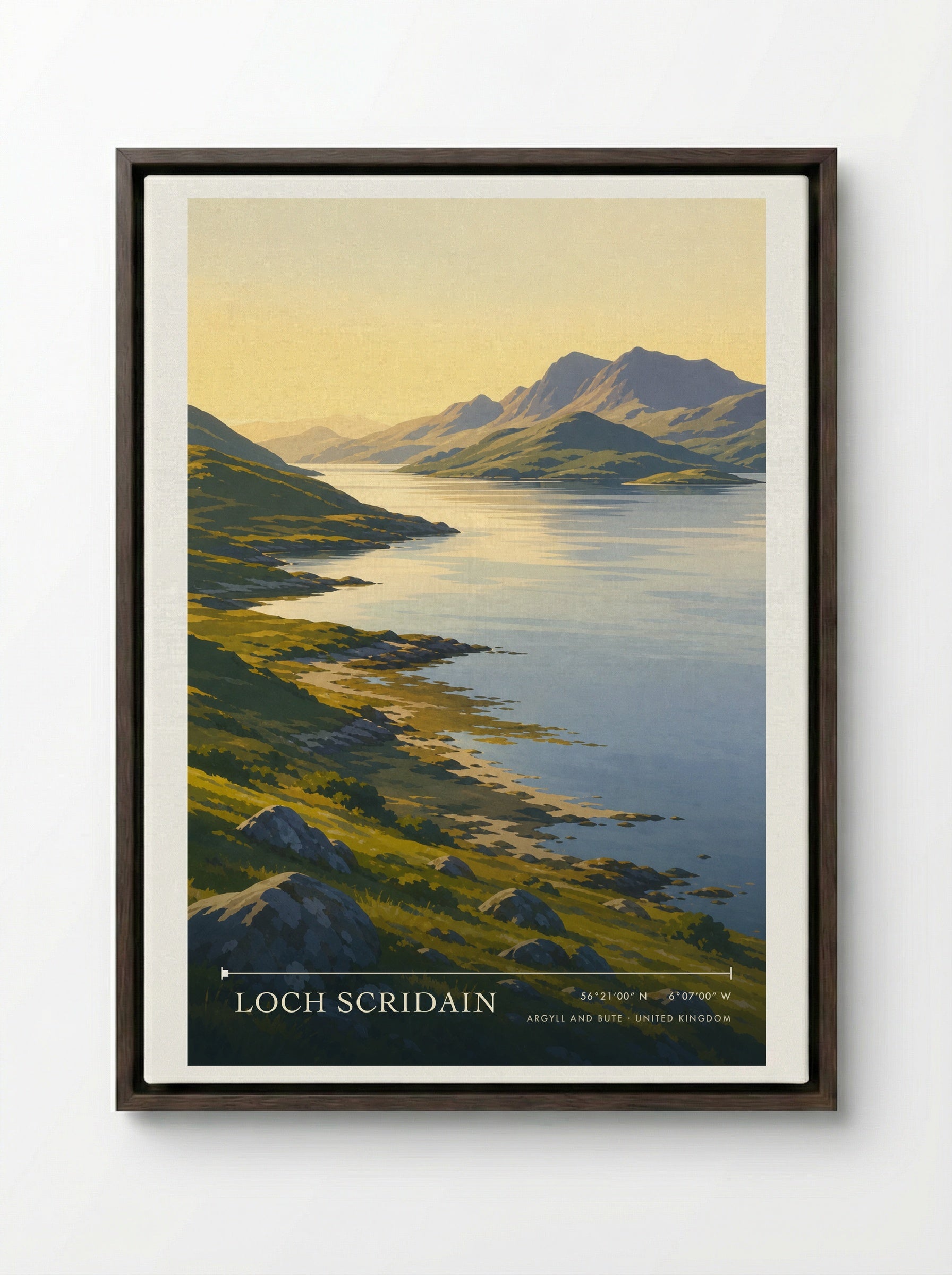Loch Scridain Argyll and Bute United Kingdom Travel Poster - Framed Canvas Dark Wood