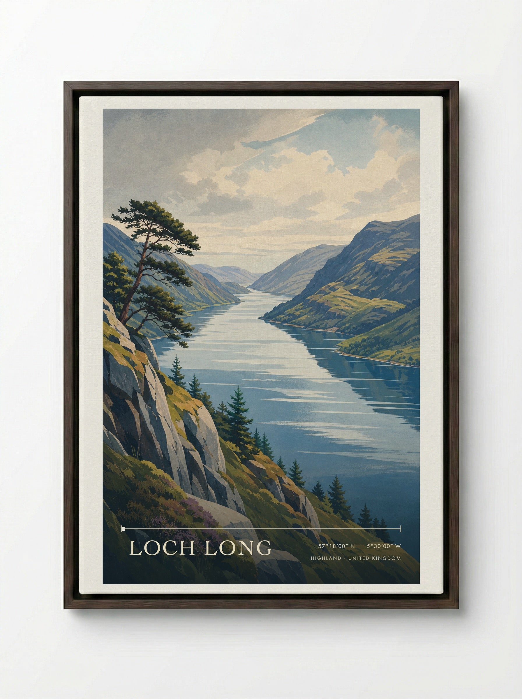 Loch Long Highland United Kingdom Travel Poster - Framed Canvas Dark Wood