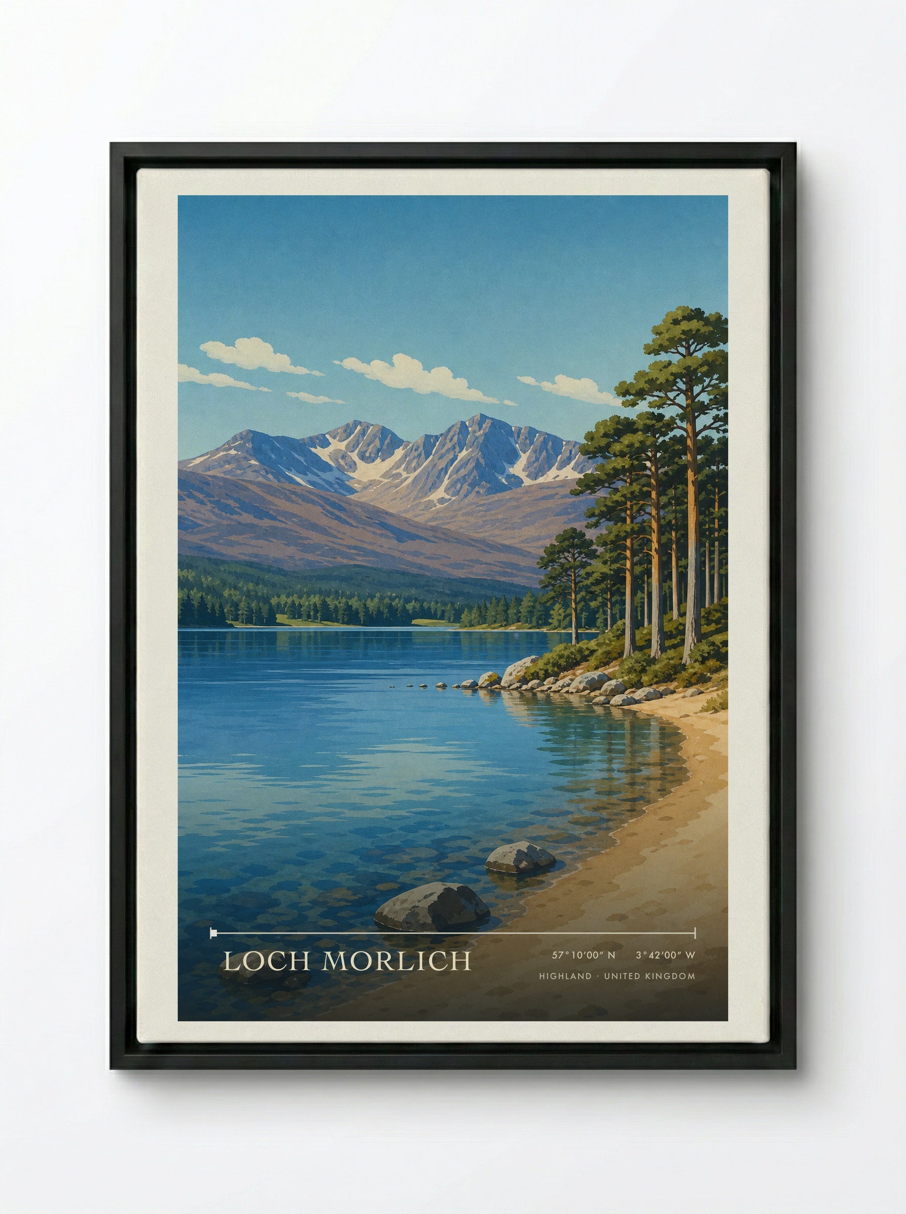 Loch Morlich Highland United Kingdom Travel Poster - Framed Canvas Black
