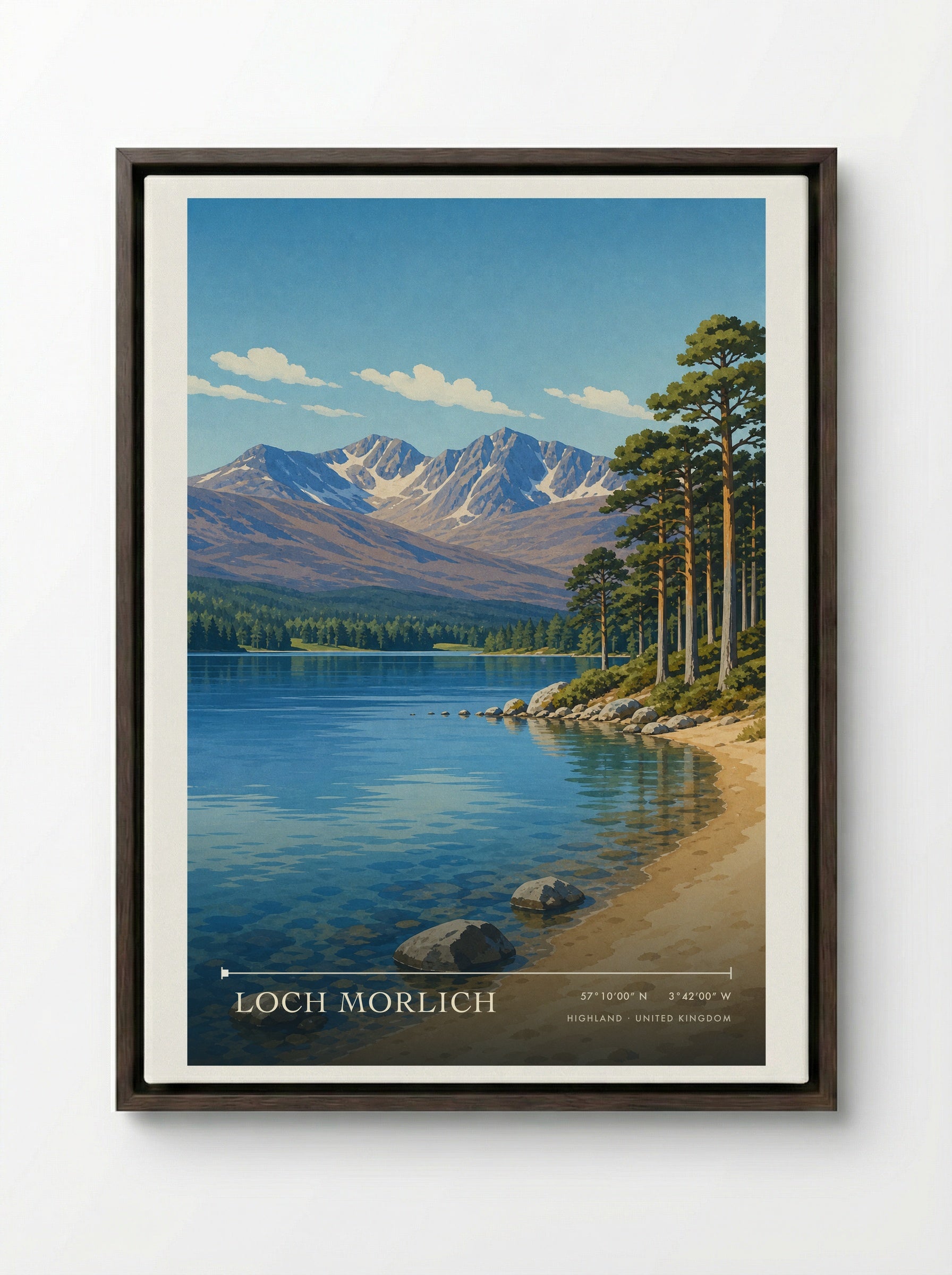 Loch Morlich Highland United Kingdom Travel Poster - Framed Canvas Dark Wood