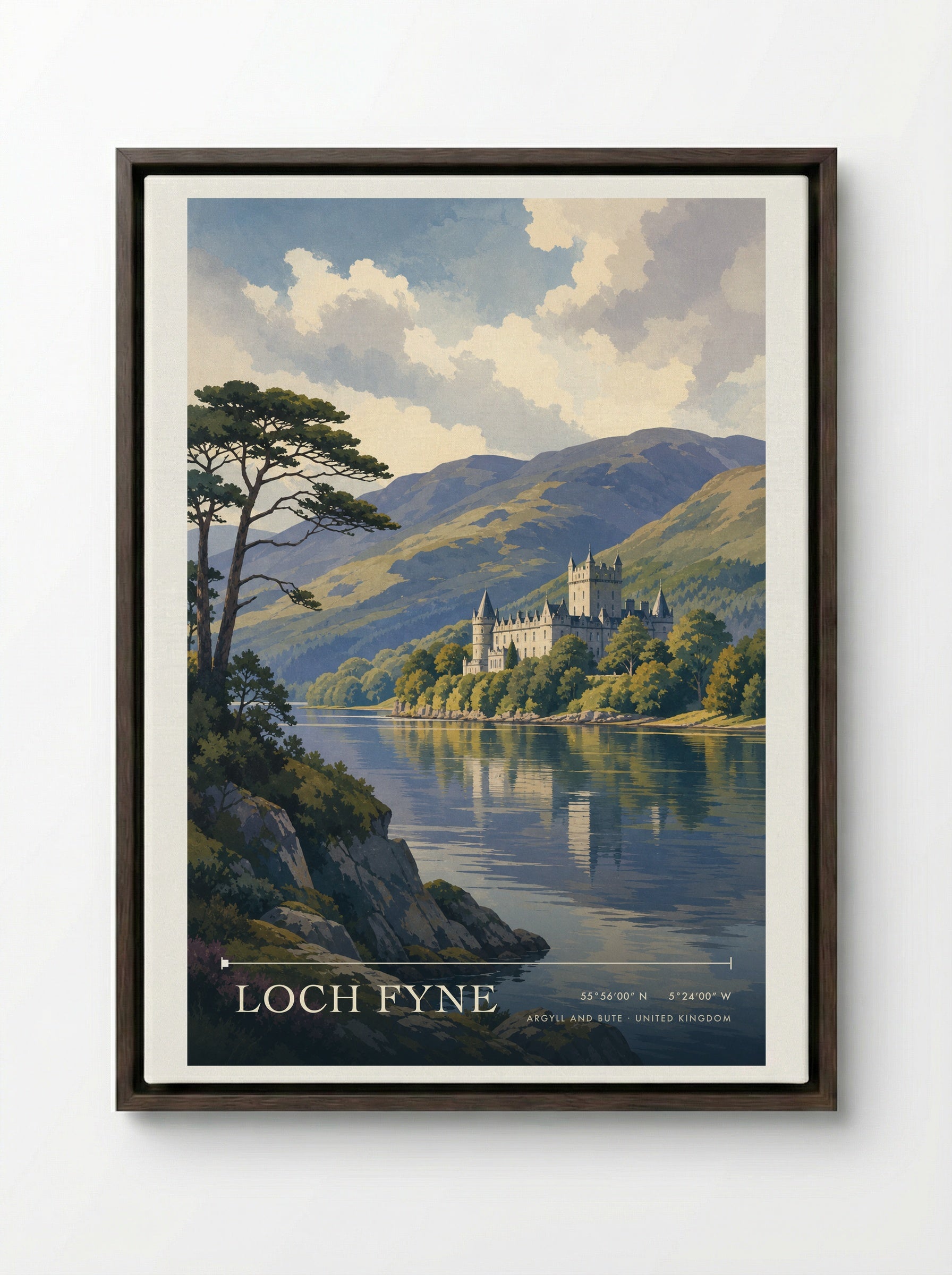 Loch Fyne Argyll and Bute United Kingdom Travel Poster - Framed Canvas Dark Wood