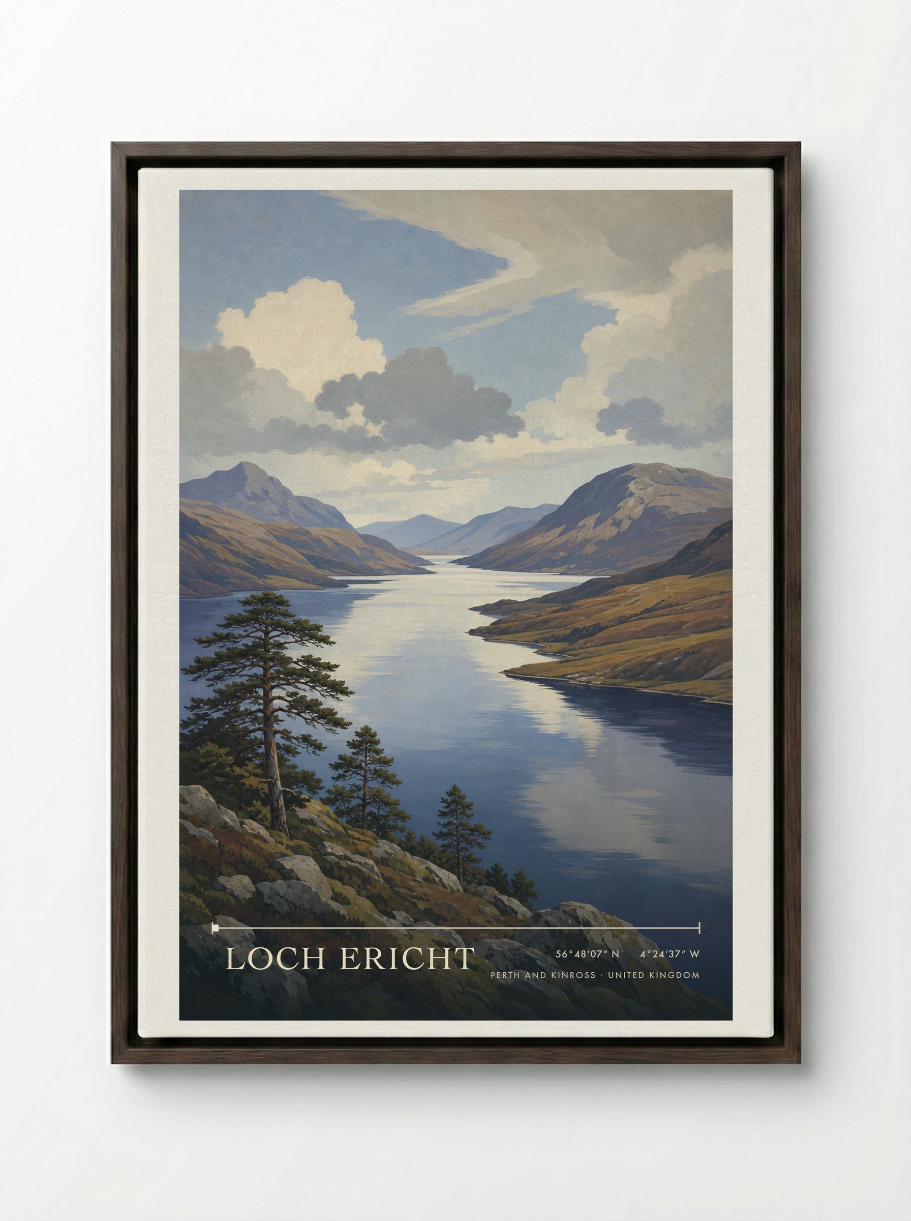 Loch Ericht Perth and Kinross United Kingdom Travel Poster - Framed Canvas Dark Wood
