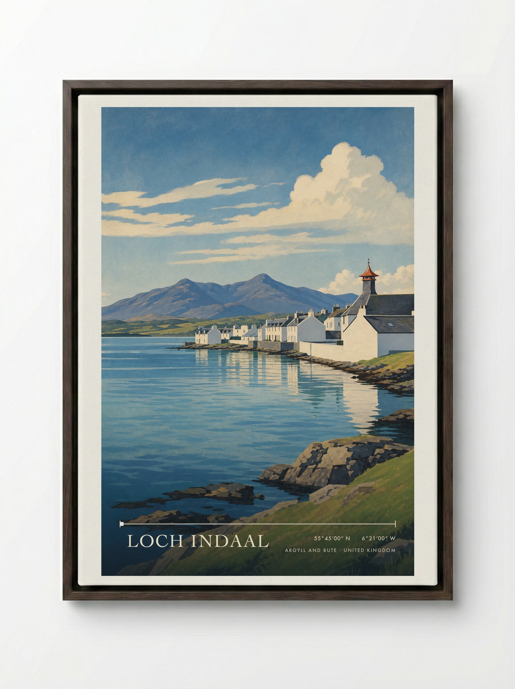 Loch Indaal Argyll and Bute United Kingdom Travel Poster - Framed Canvas Dark Wood