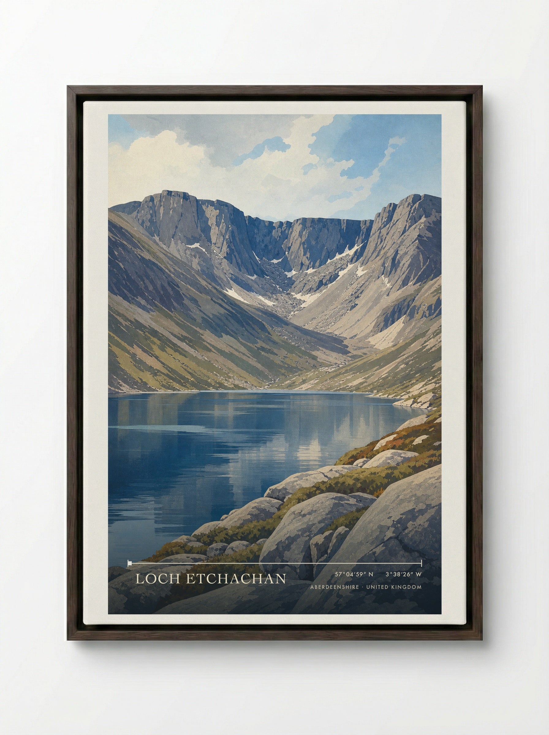 Loch Etchachan Aberdeenshire United Kingdom Travel Poster - Framed Canvas Dark Wood