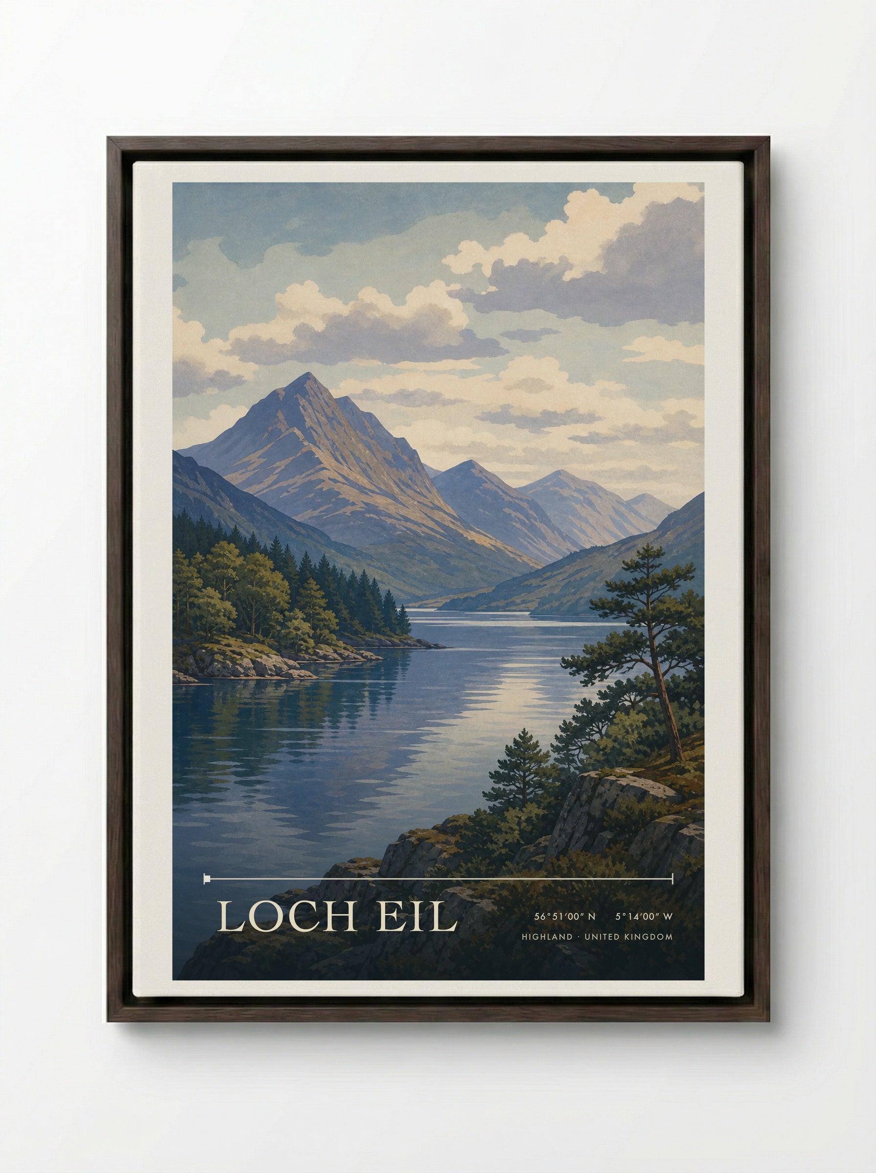 Loch Eil Highland United Kingdom Travel Poster - Framed Canvas Dark Wood