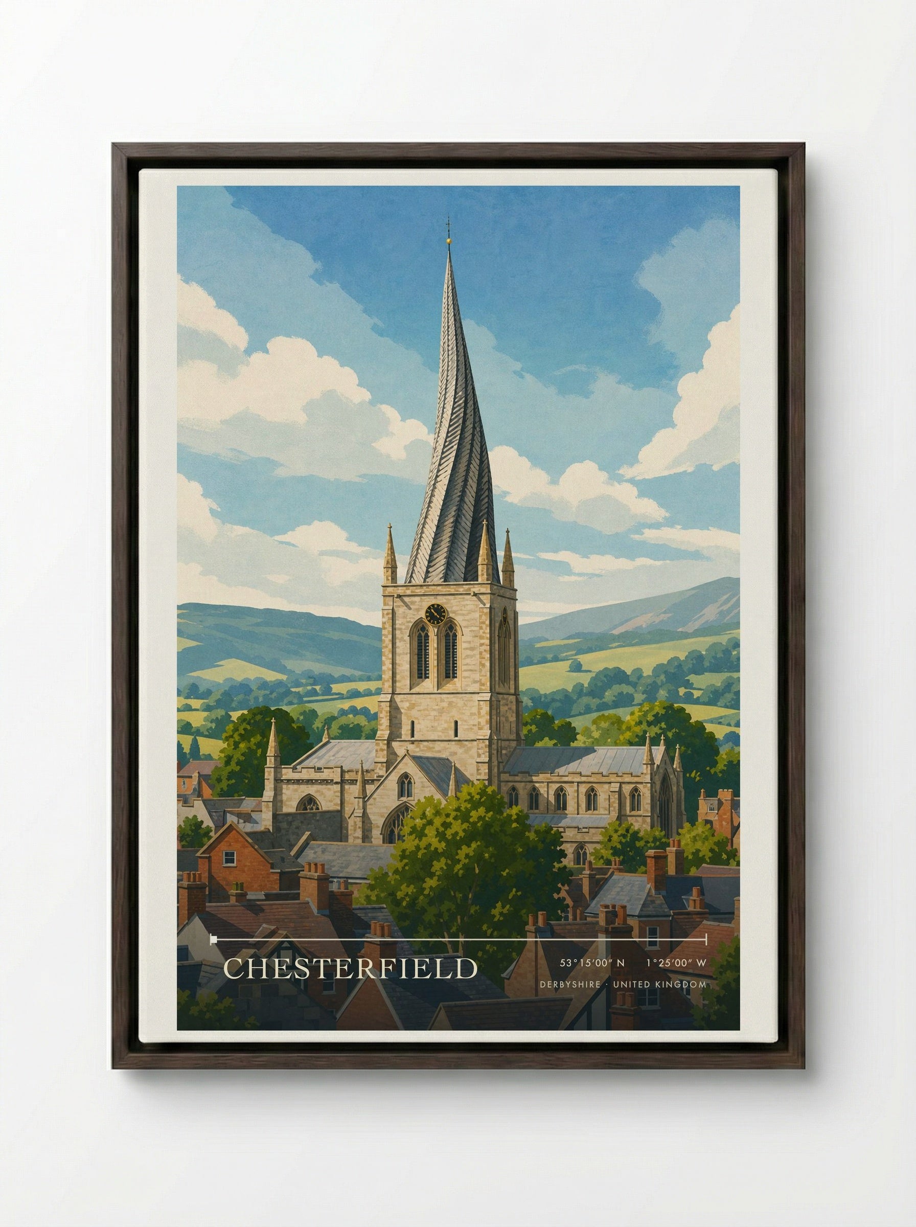 Chesterfield Derbyshire United Kingdom Travel Poster - Framed Canvas Dark Wood