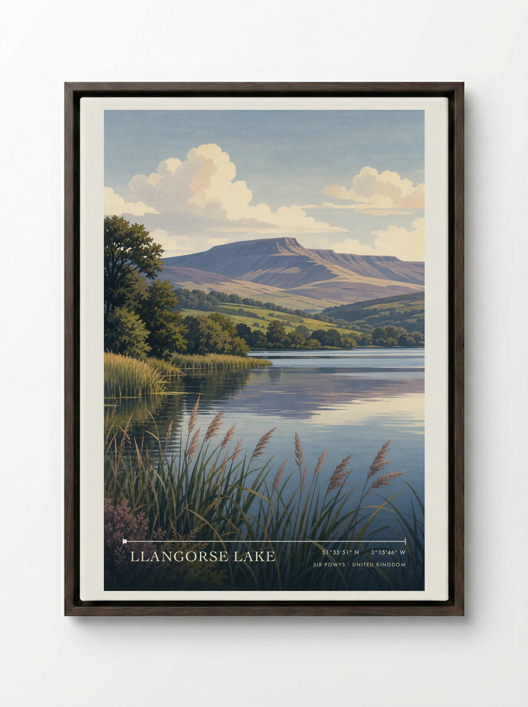 Llangorse Lake Sir Powys United Kingdom Travel Poster - Framed Canvas Dark Wood