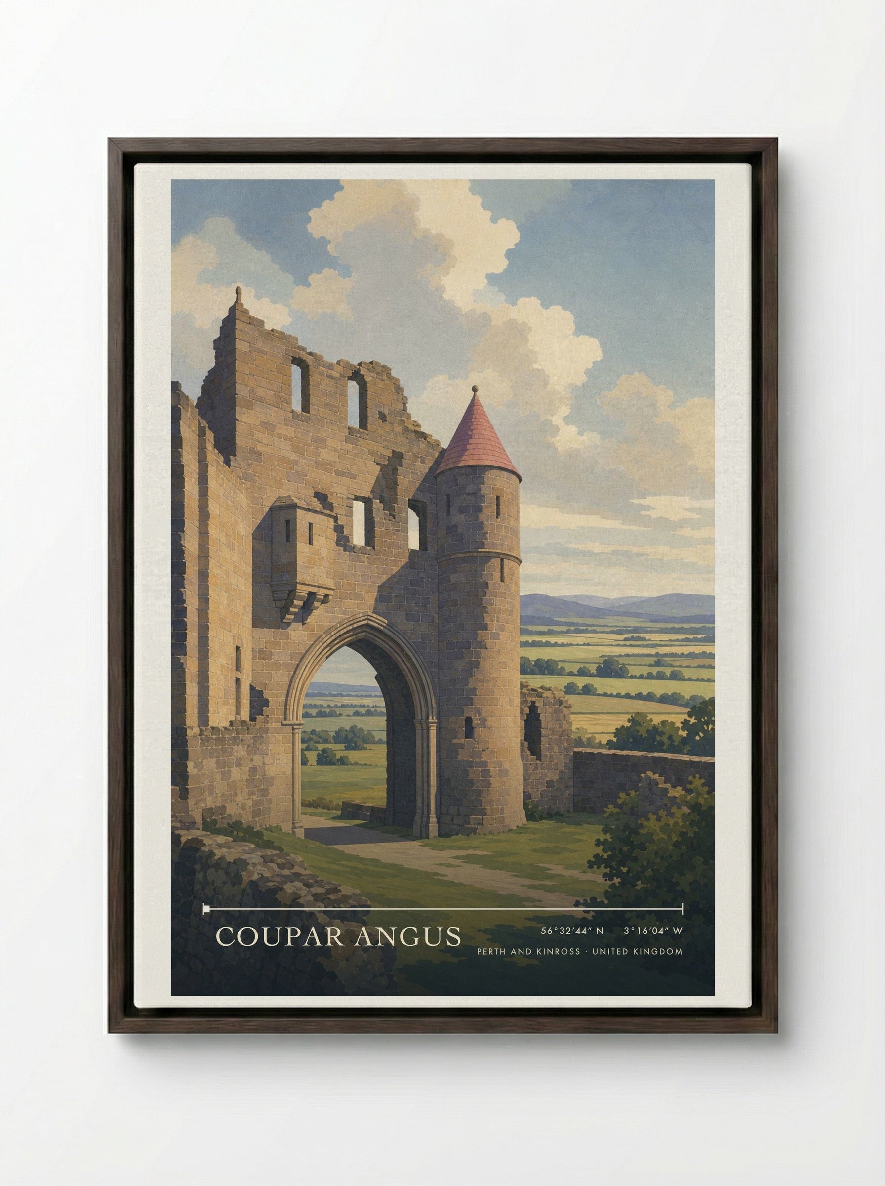Coupar Angus Perth and Kinross United Kingdom Travel Poster - Framed Canvas Dark Wood