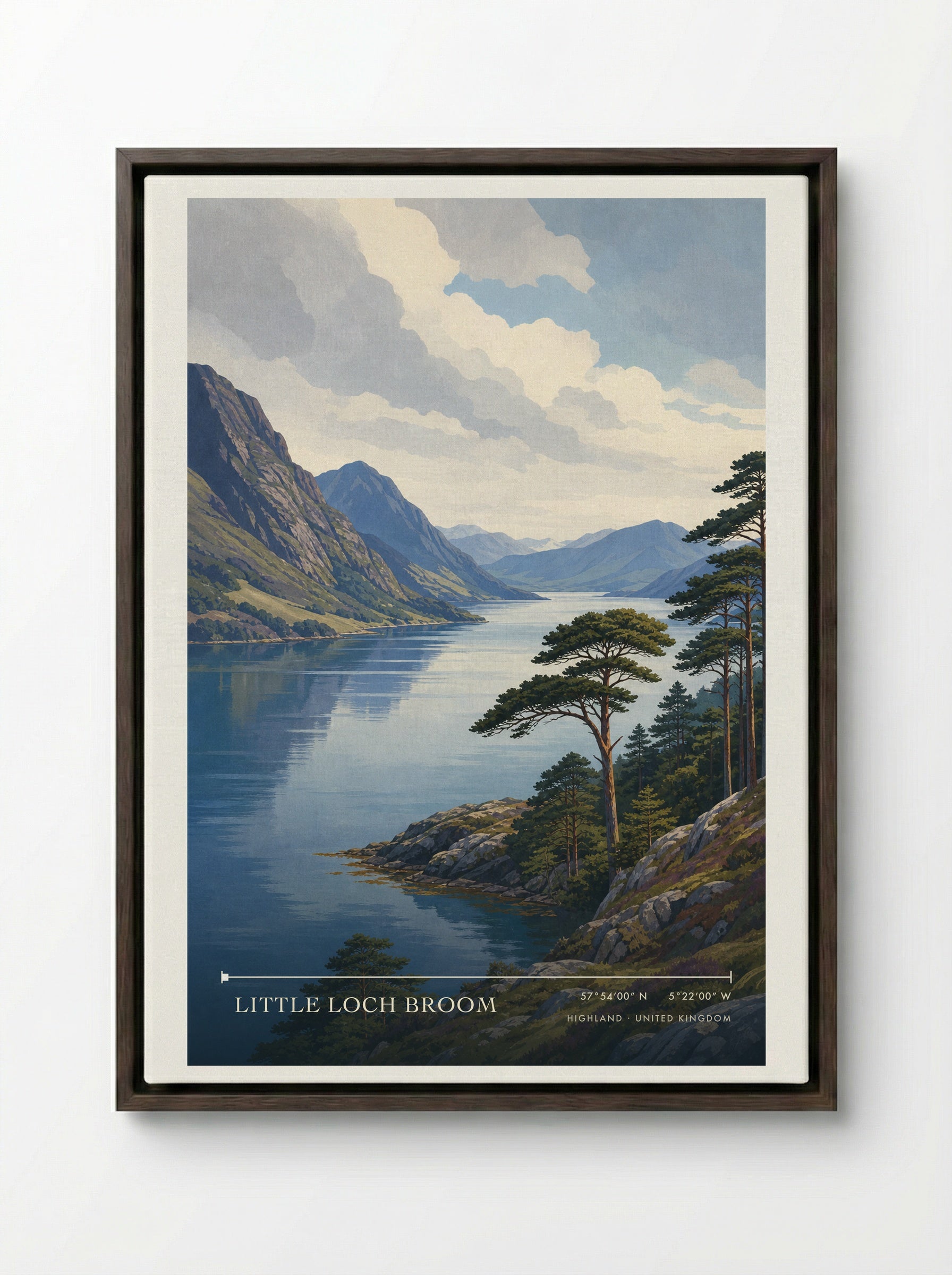 Little Loch Broom Highland United Kingdom Travel Poster - Framed Canvas Dark Wood