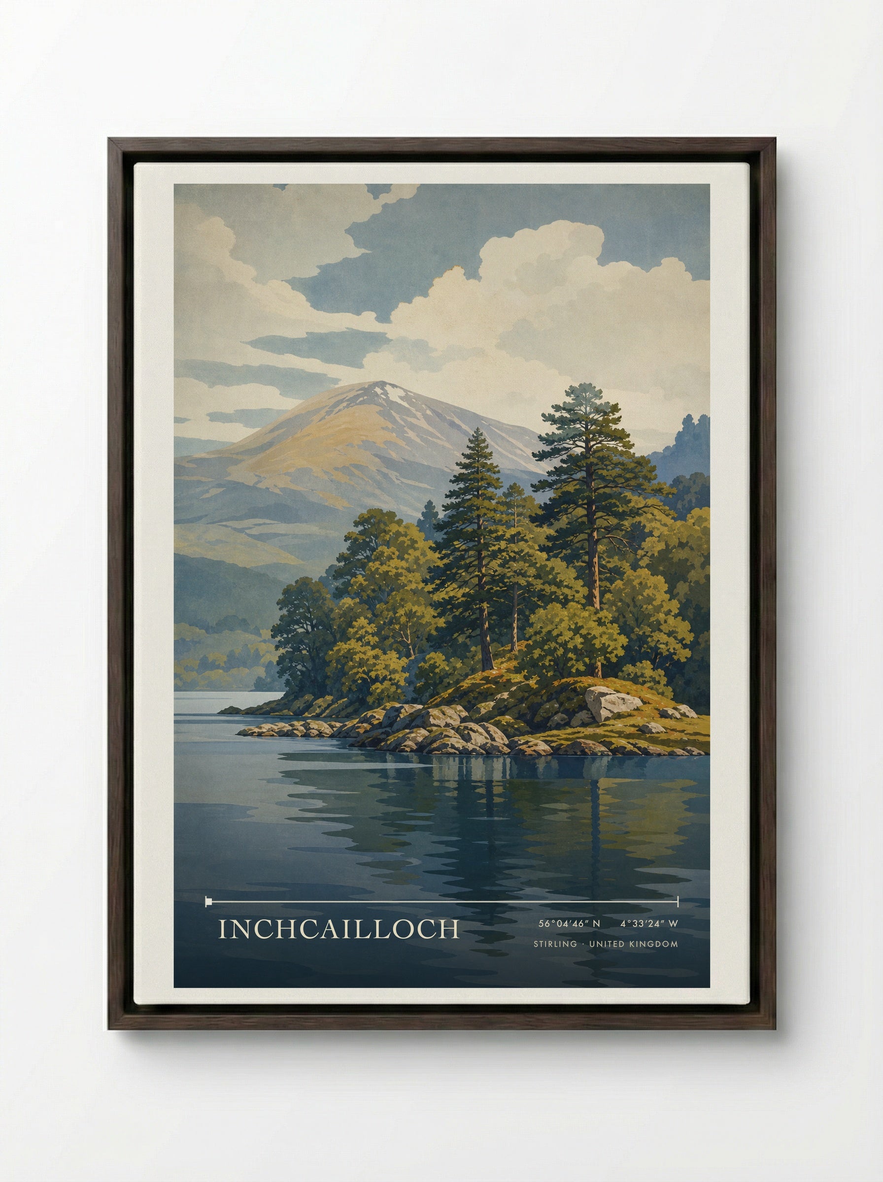 Inchcailloch Stirling United Kingdom Travel Poster - Framed Canvas Dark Wood