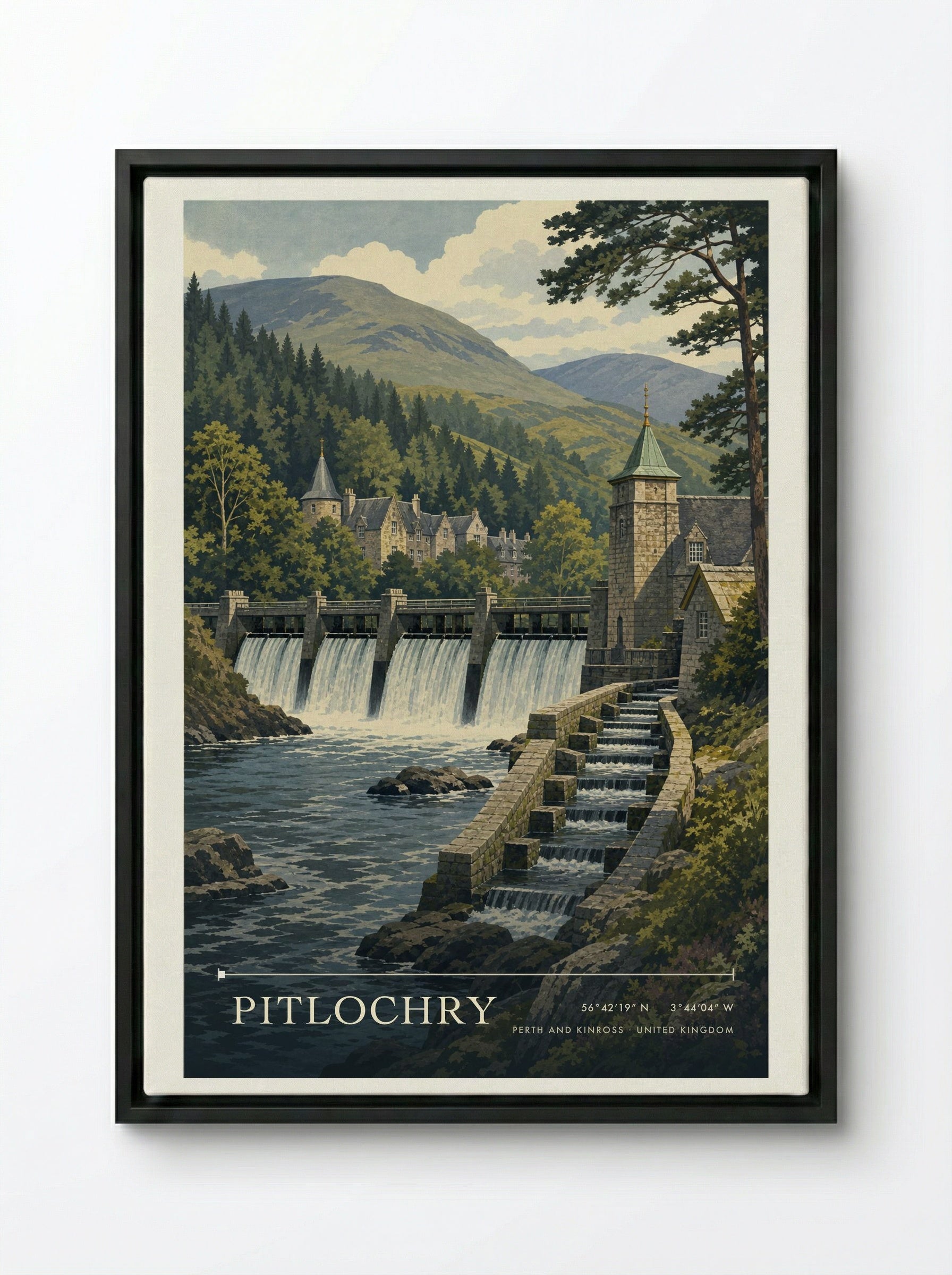 Pitlochry Perth and Kinross United Kingdom Travel Poster - Framed Canvas Black