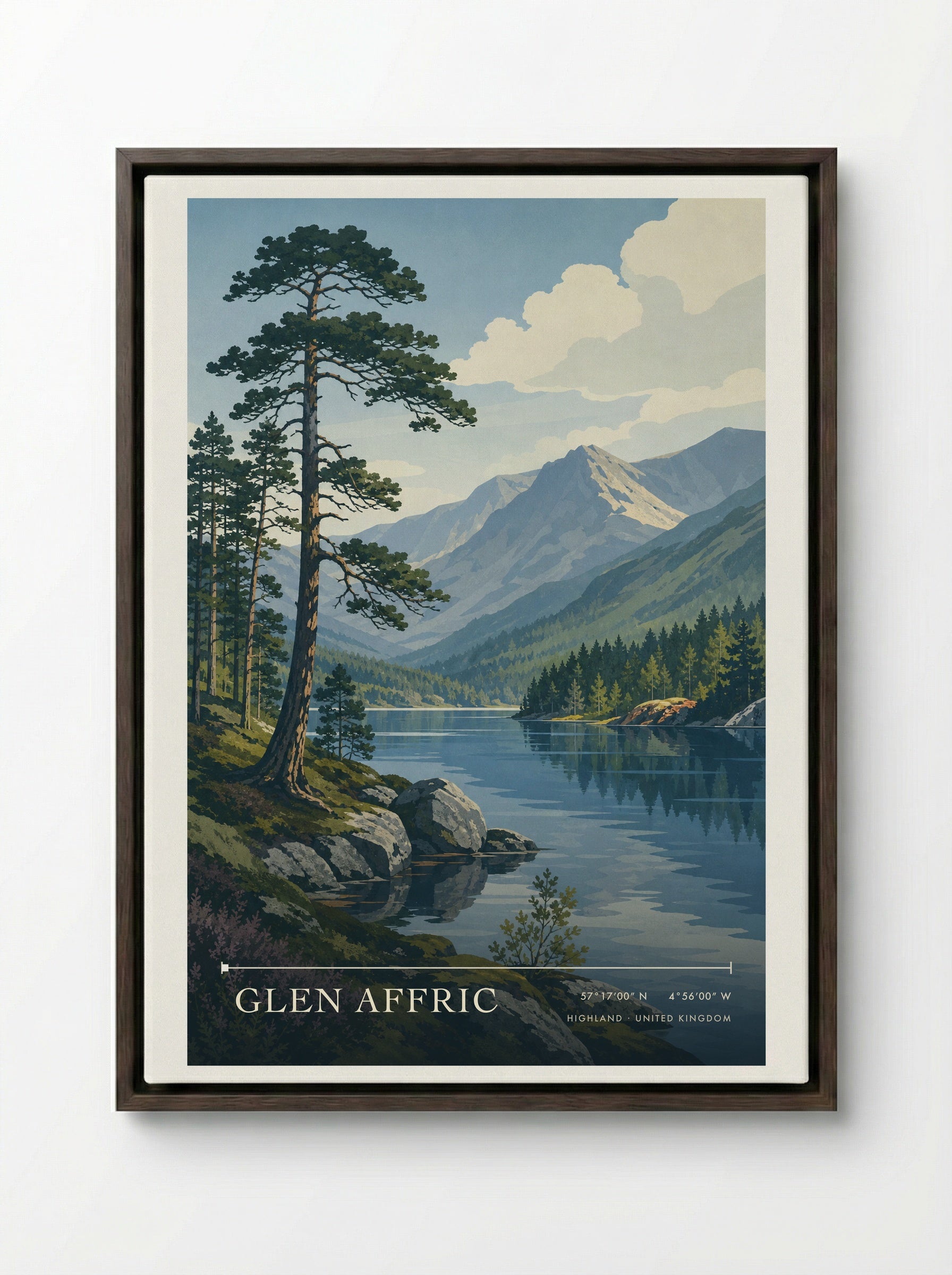 Glen Affric Highland United Kingdom Travel Poster - Framed Canvas Dark Wood