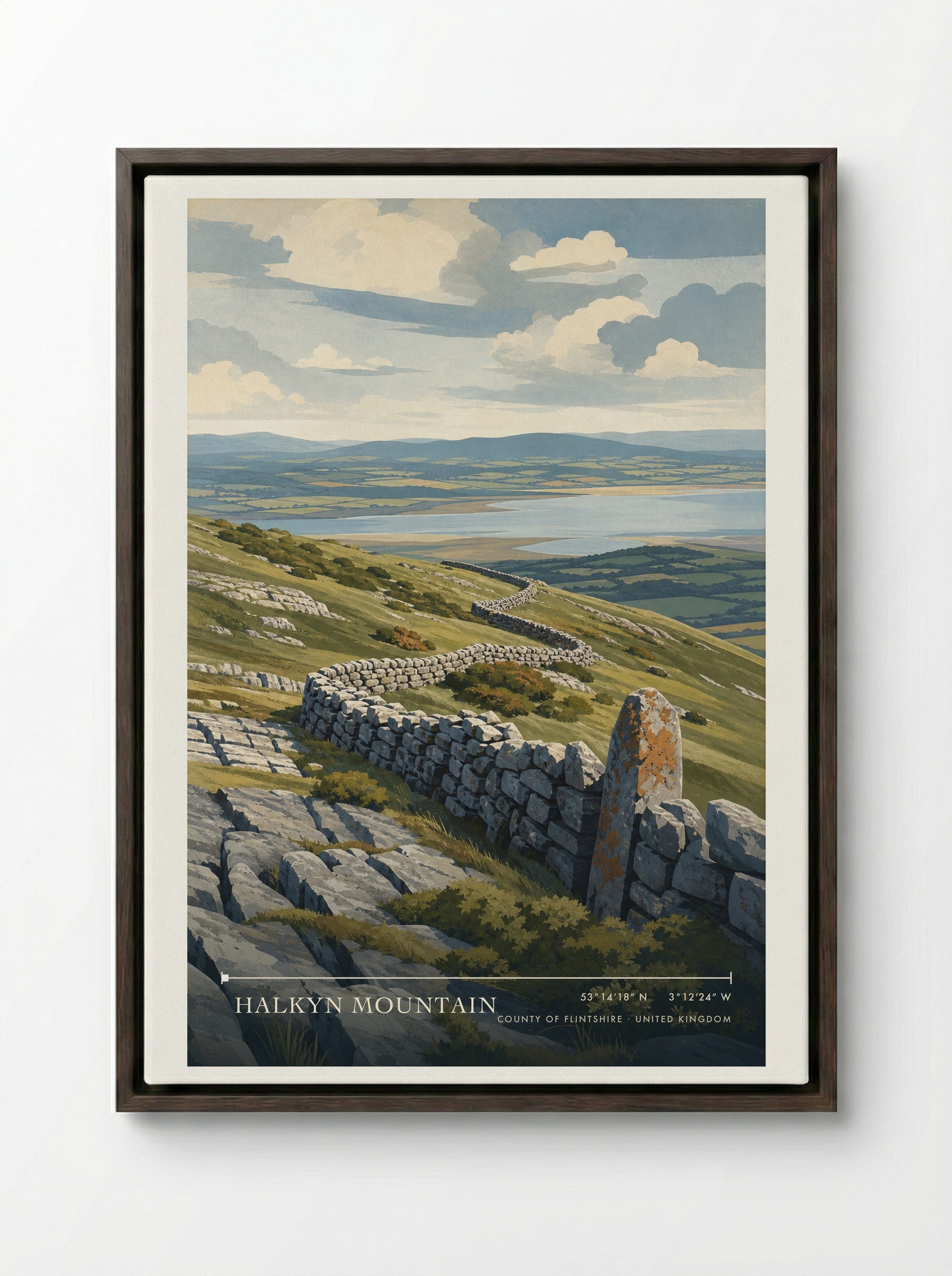 Halkyn Mountain County of Flintshire United Kingdom Travel Poster - Framed Canvas Dark Wood