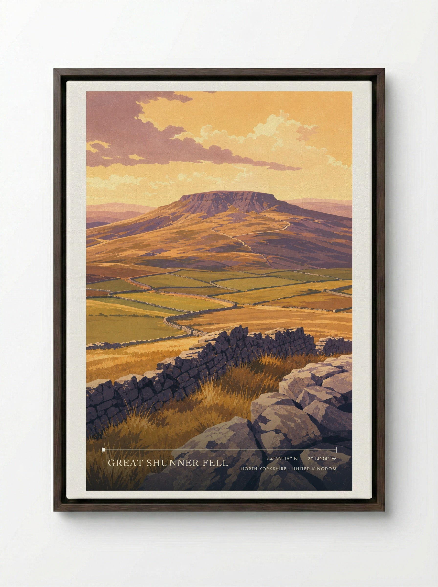 Great Shunner Fell North Yorkshire United Kingdom Travel Poster - Framed Canvas Dark Wood