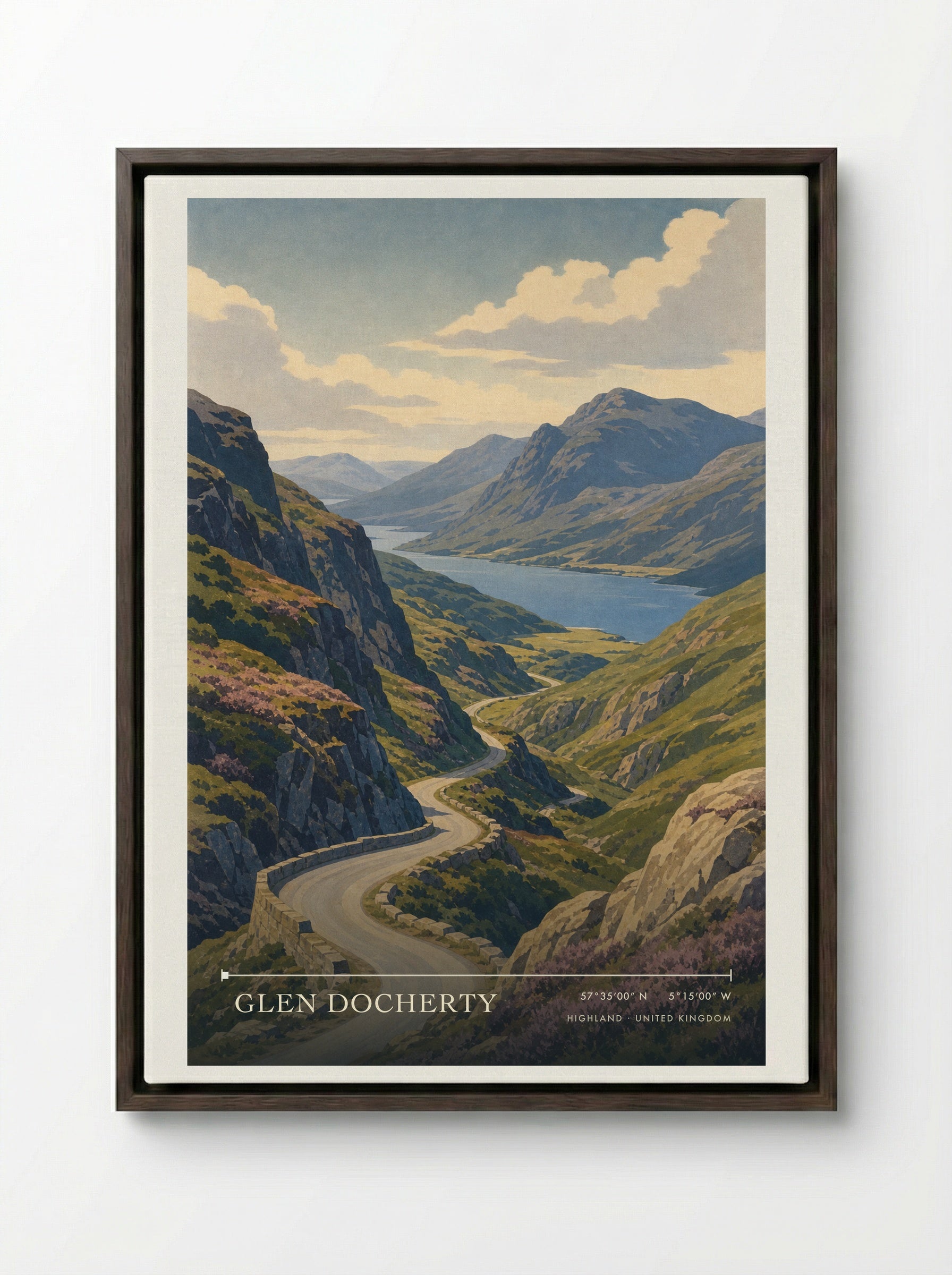 Glen Docherty Highland United Kingdom Travel Poster - Framed Canvas Dark Wood