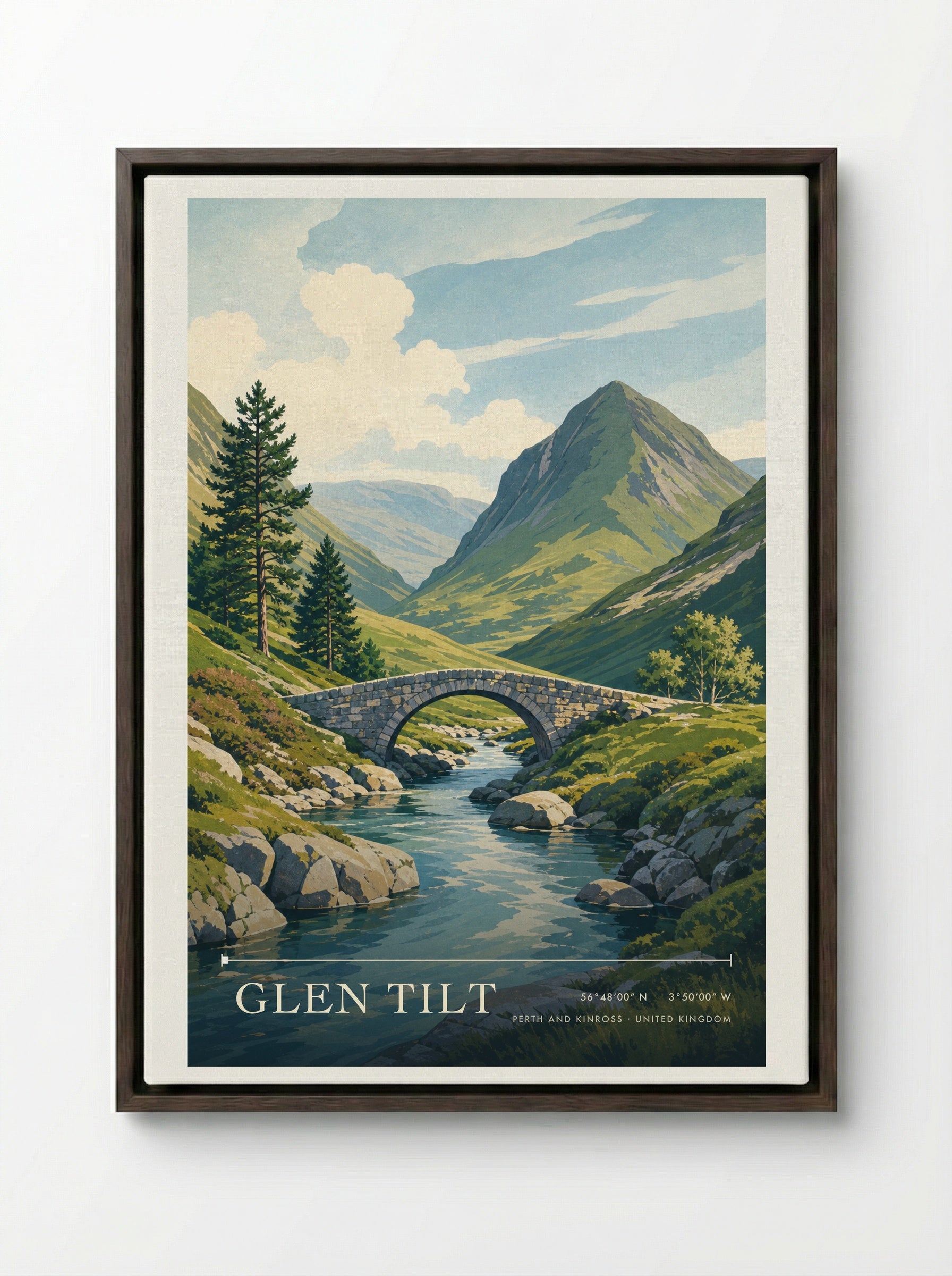 Glen Tilt Perth and Kinross United Kingdom Travel Poster - Framed Canvas Dark Wood
