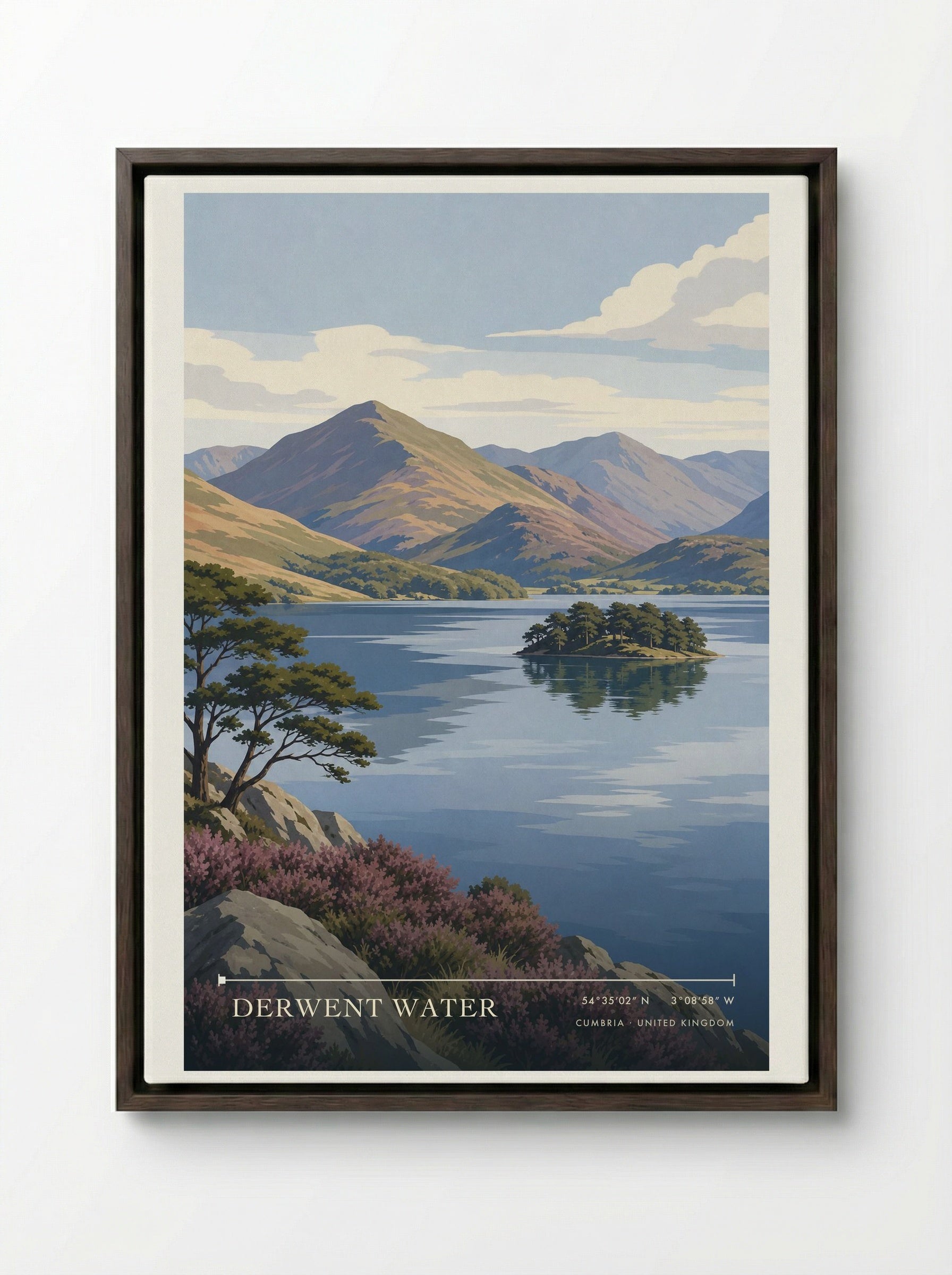 Derwent Water Cumbria United Kingdom Travel Poster - Framed Canvas Dark Wood