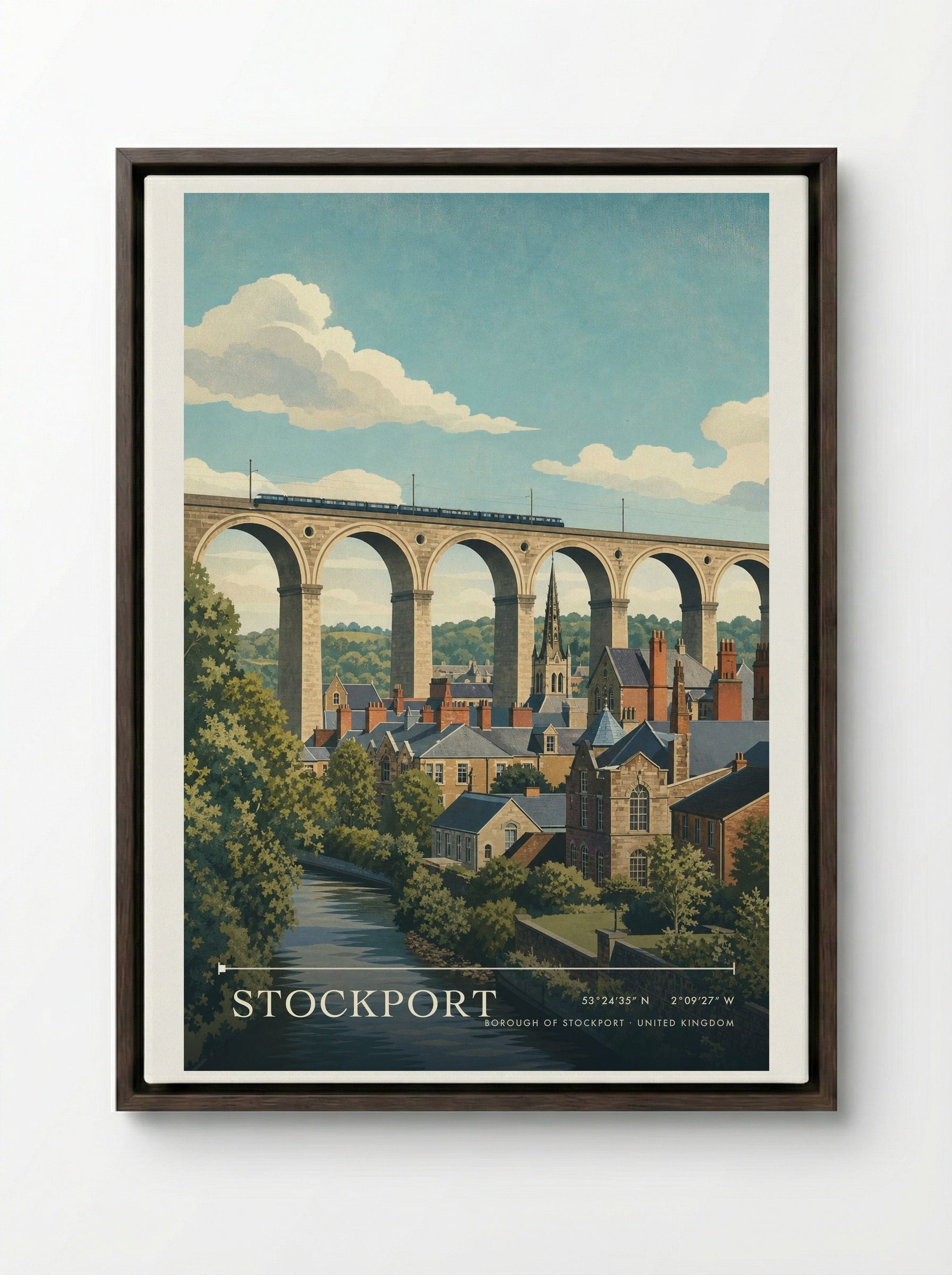 Stockport Borough of Stockport United Kingdom Travel Poster - Framed Canvas Dark Wood