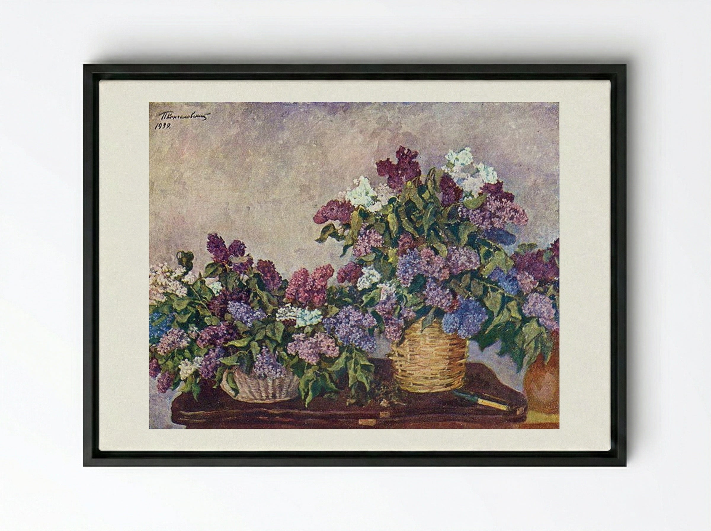 Still Life. Lilacs in two baskets. - Pyotr Konchalovsky - Framed Canvas Black