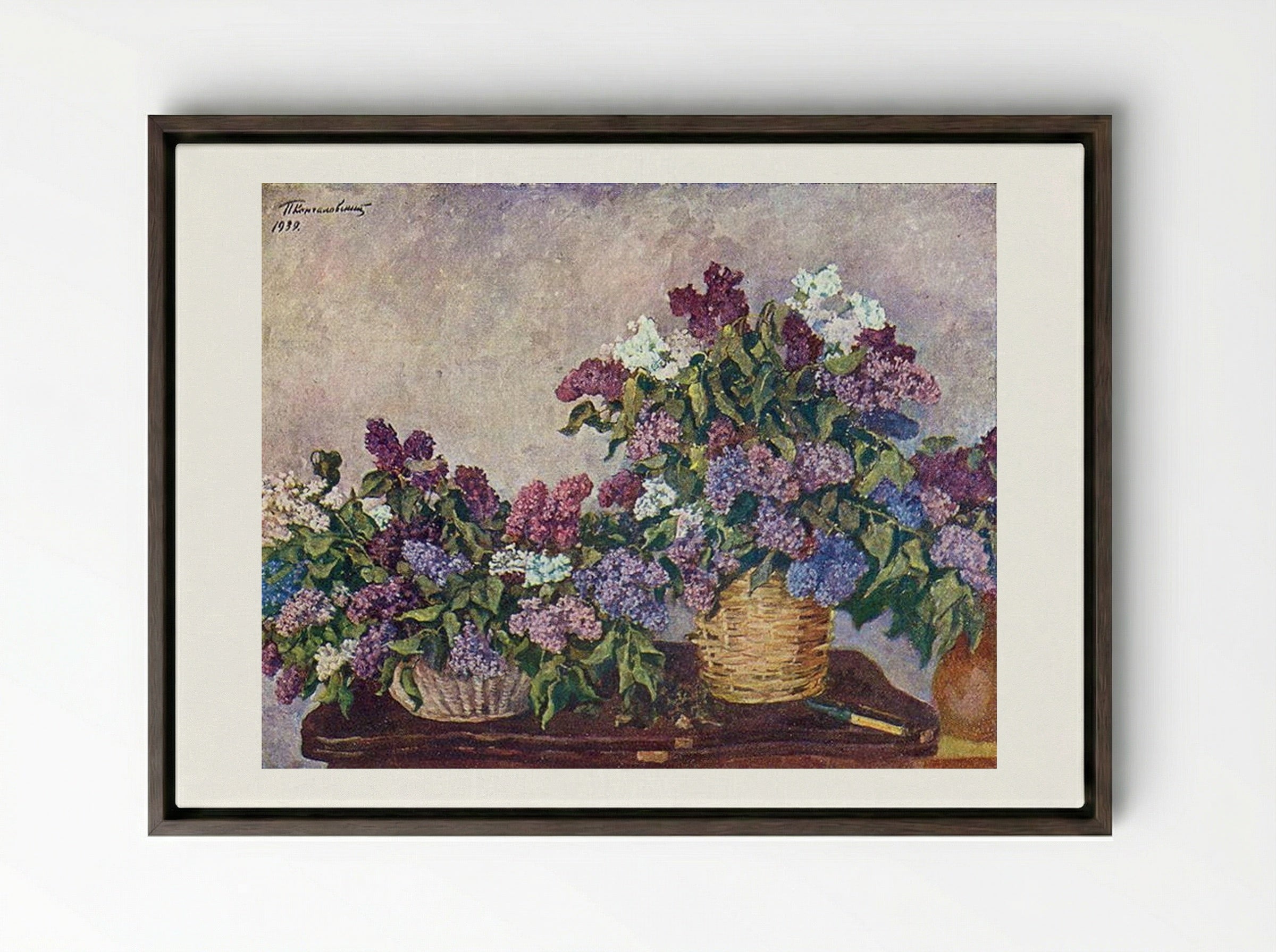 Still Life. Lilacs in two baskets. - Pyotr Konchalovsky - Framed Canvas Dark Wood