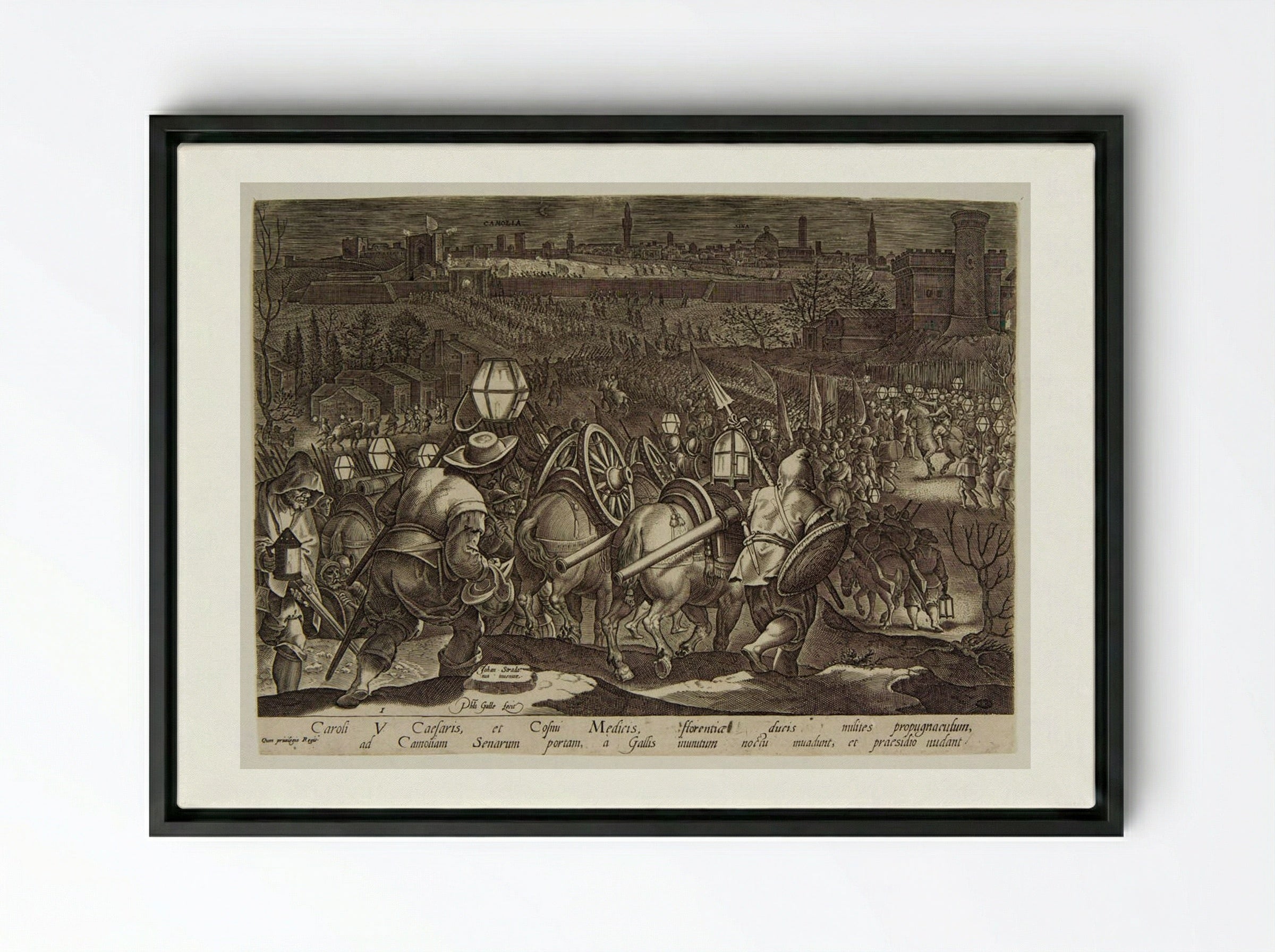 The Battle of Camolia and Siena - Philips Galle - Framed Canvas Black