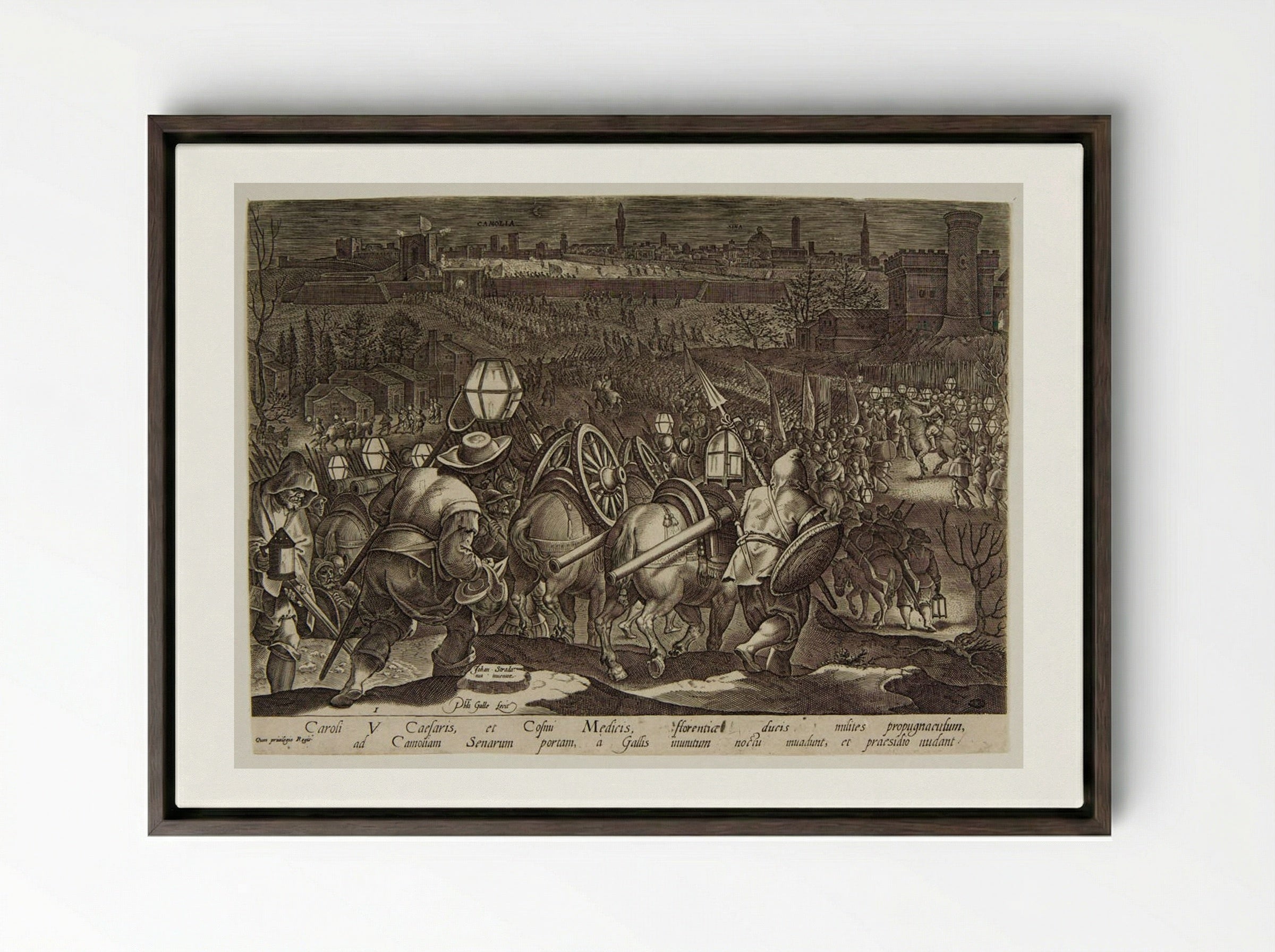 The Battle of Camolia and Siena - Philips Galle - Framed Canvas Dark Wood