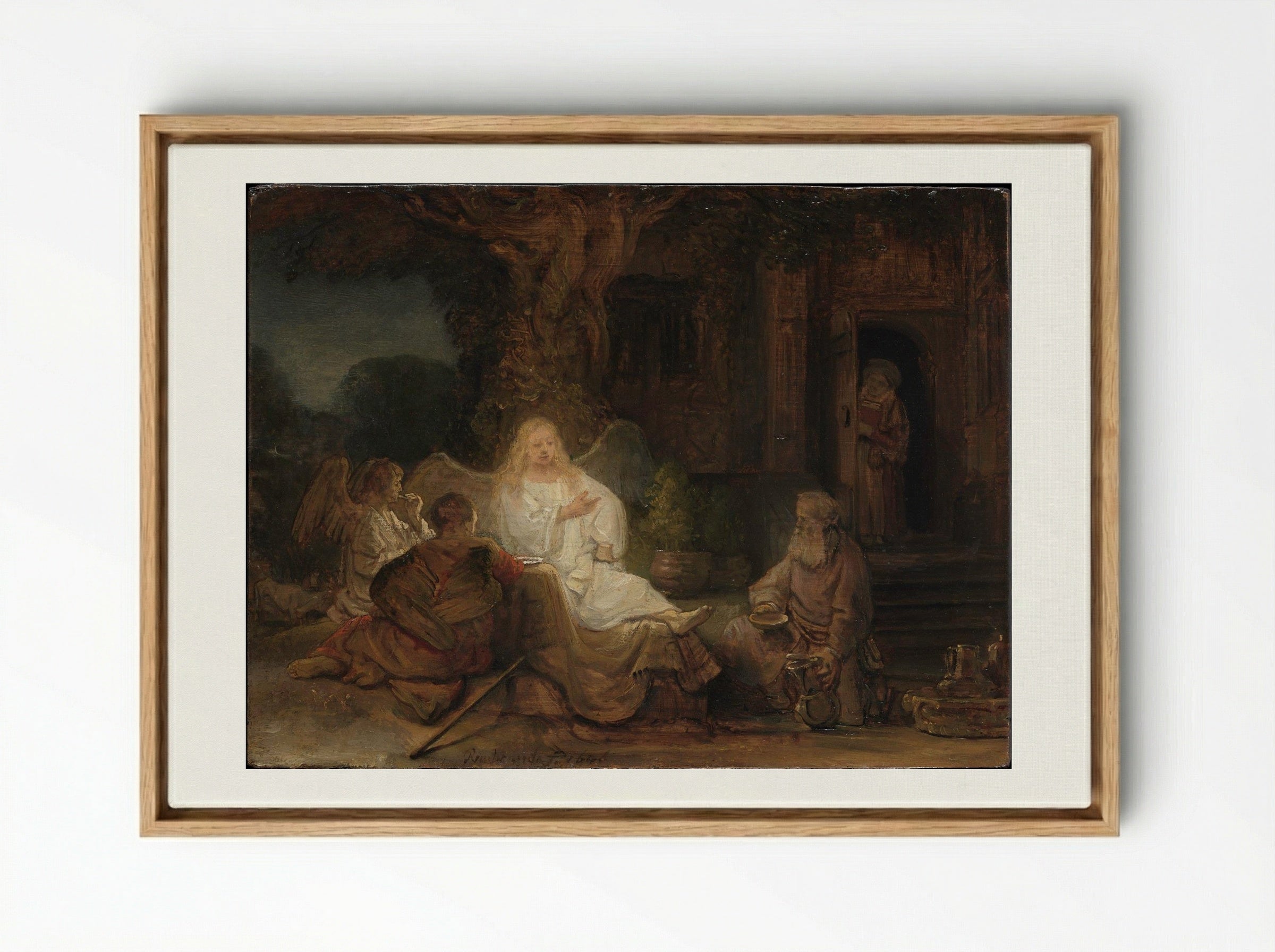 Abraham Receives the Three Angels - Rembrandt van Rijn - Framed Canvas Wood