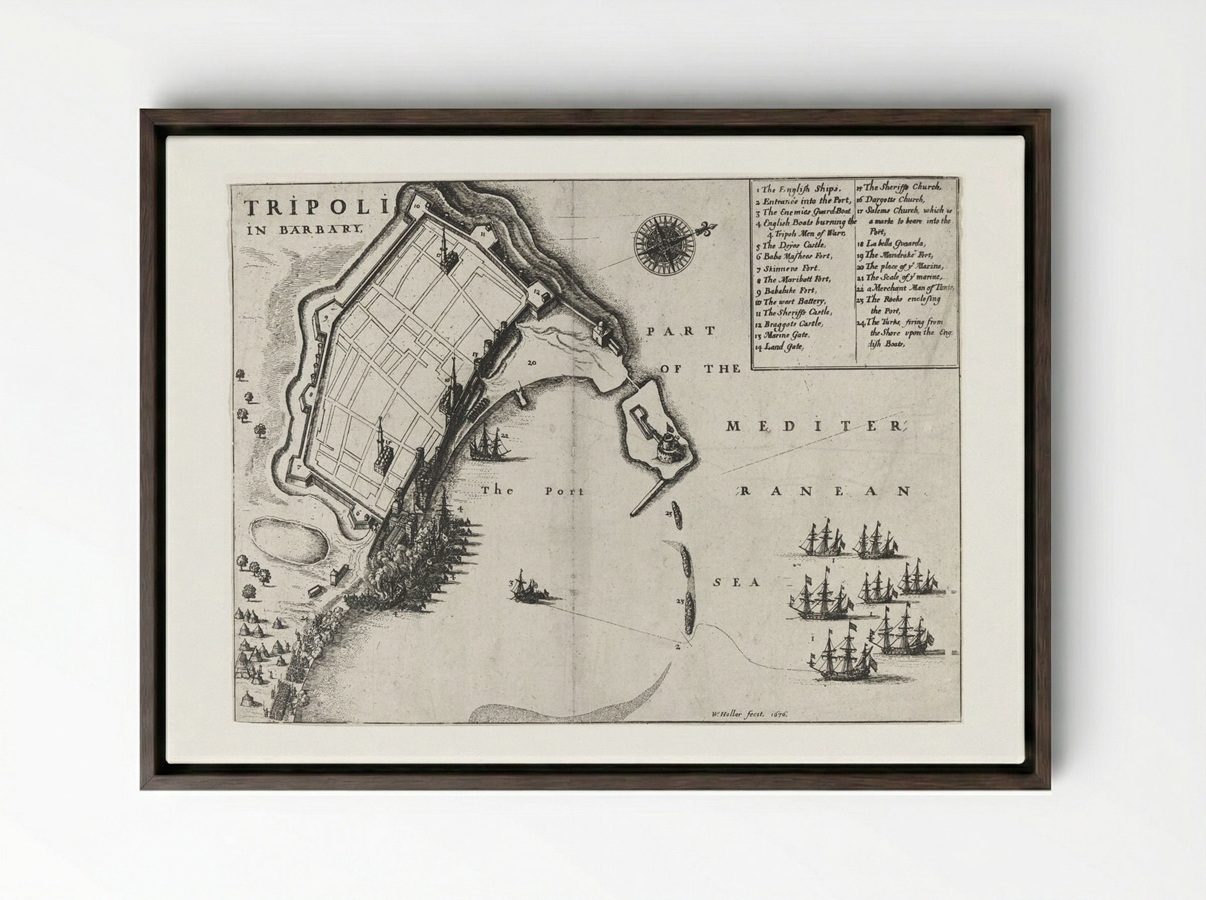 Burning of the Port of Tripoli - Wenceslaus Hollar - Framed Canvas Dark Wood