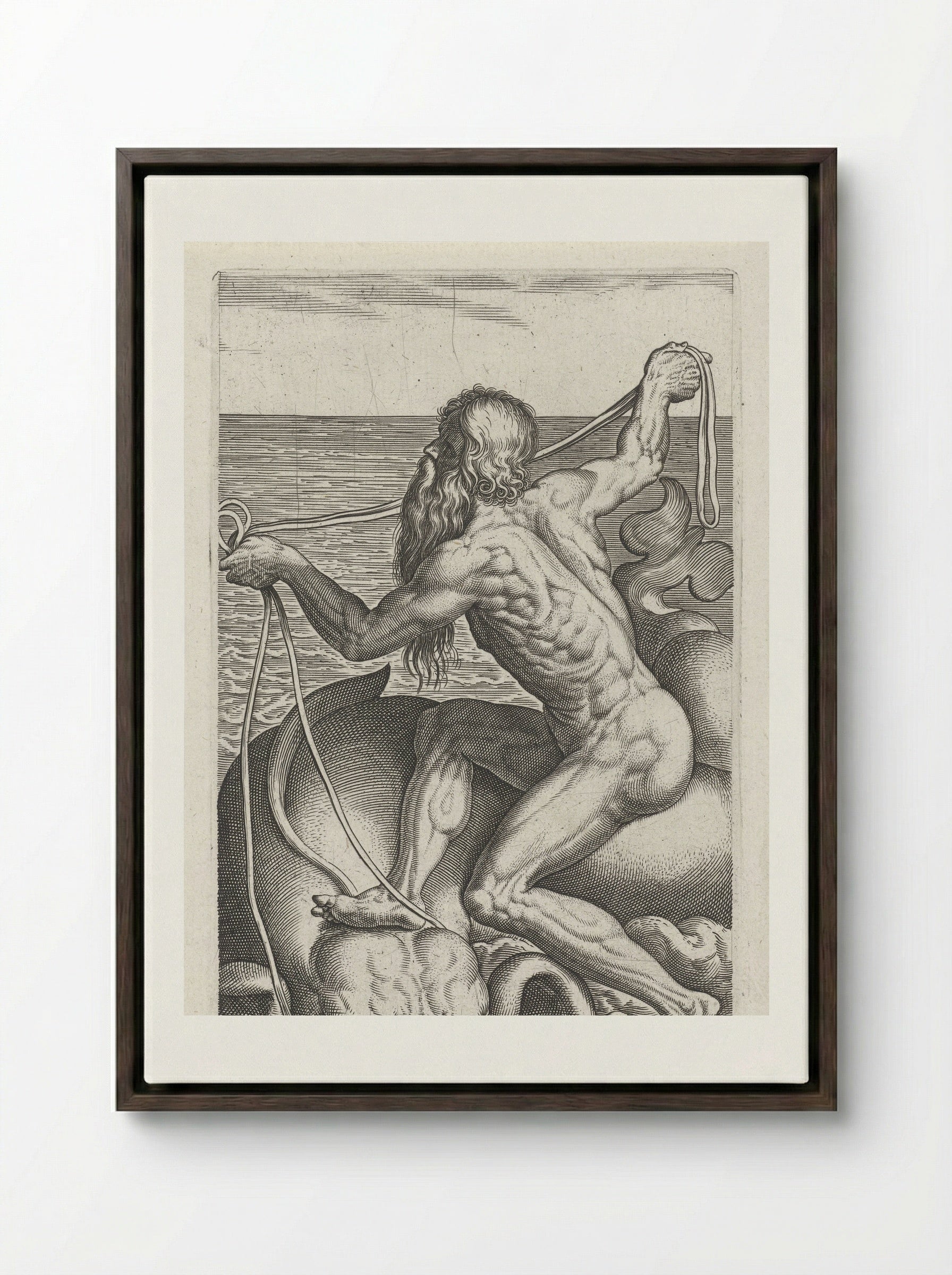 Zeegod Oceanus - Philips Galle - Framed Canvas Dark Wood