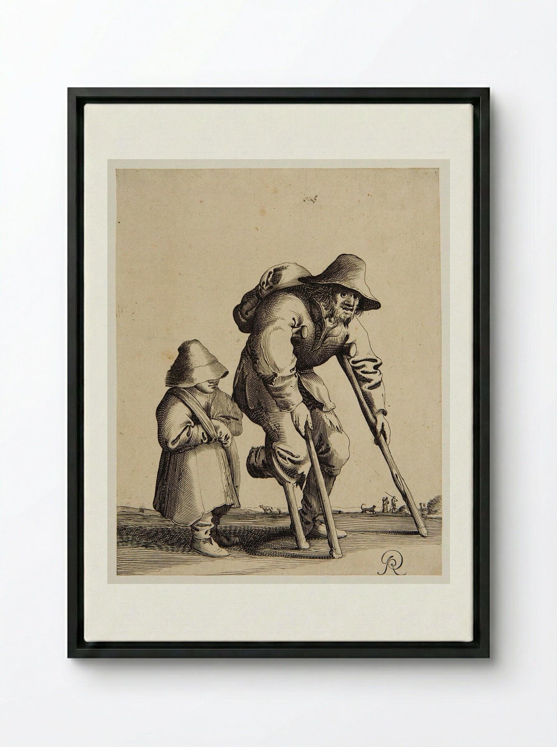 Old Man Walking with Crutches - Pieter Jansz. Quast - Framed Canvas Black