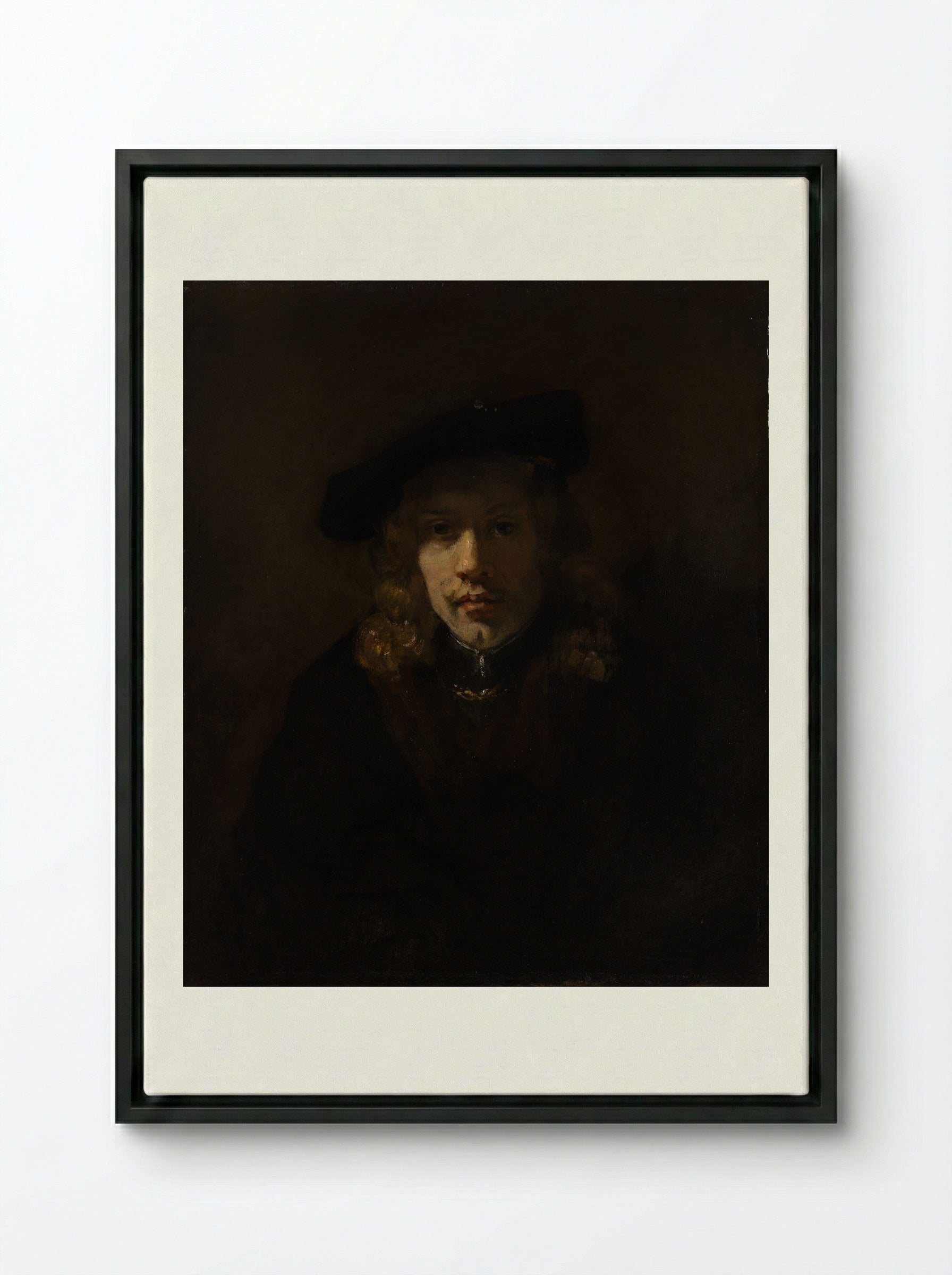 Self-Portrait with Beret and Turned-Up Collar - Rembrandt van Rijn - Framed Canvas Black