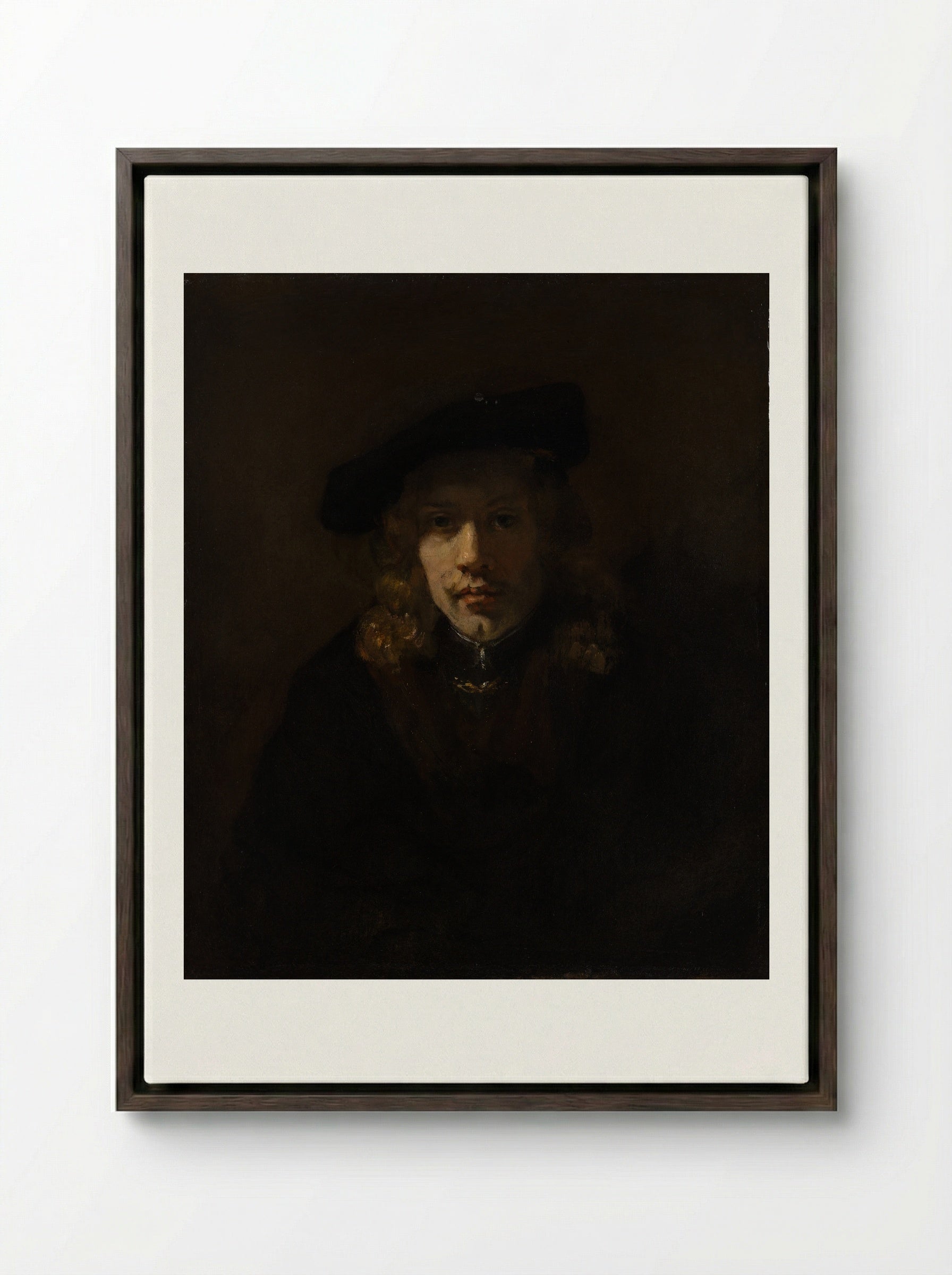 Self-Portrait with Beret and Turned-Up Collar - Rembrandt van Rijn - Framed Canvas Dark Wood